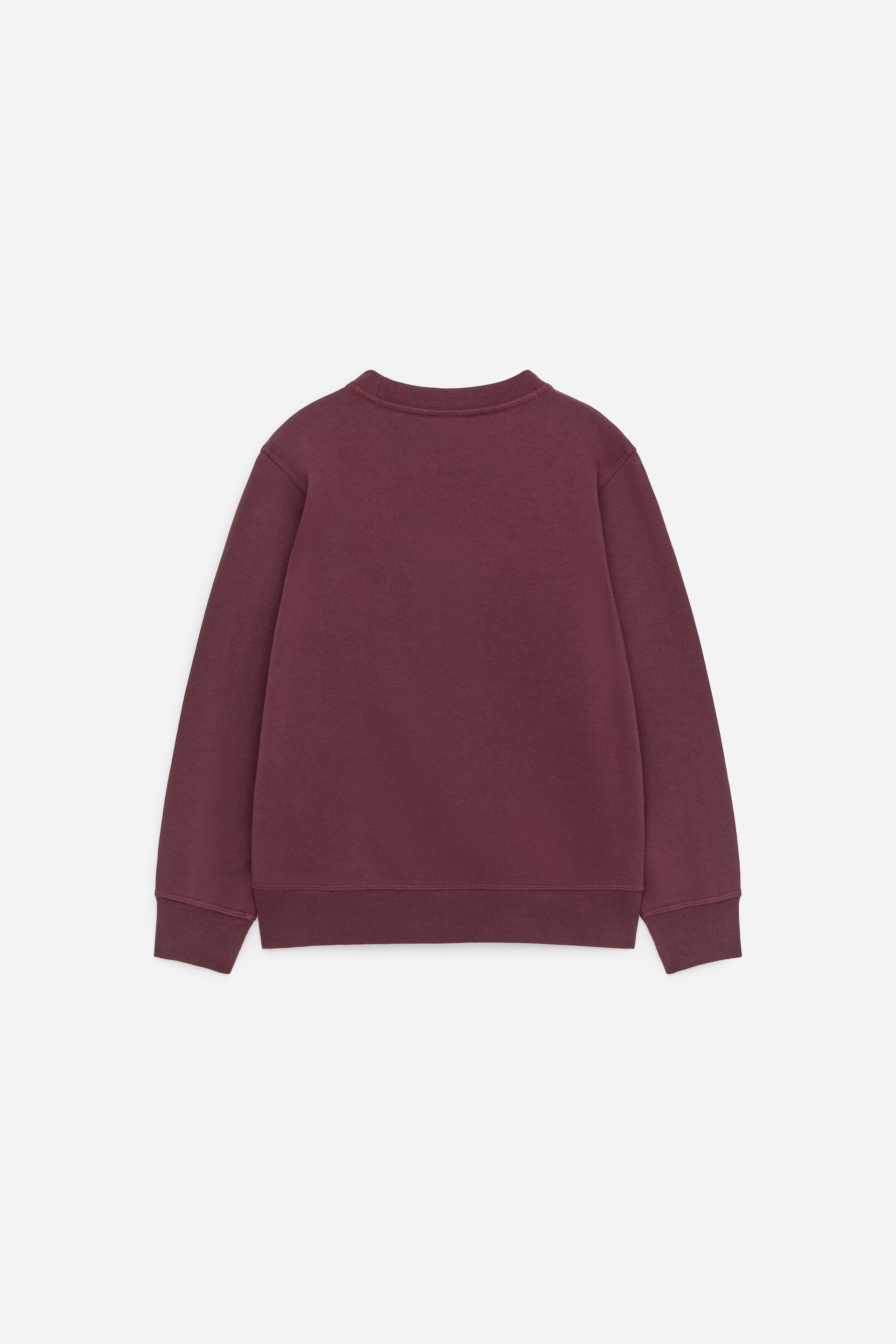 Größeres Bild ansehen: Ein weinrotes Sweatshirt wird von hinten gezeigt. Es verfügt über einen Rundhalsausschnitt, lange Ärmel, gerippte Bündchen und einen gerippten Saum.