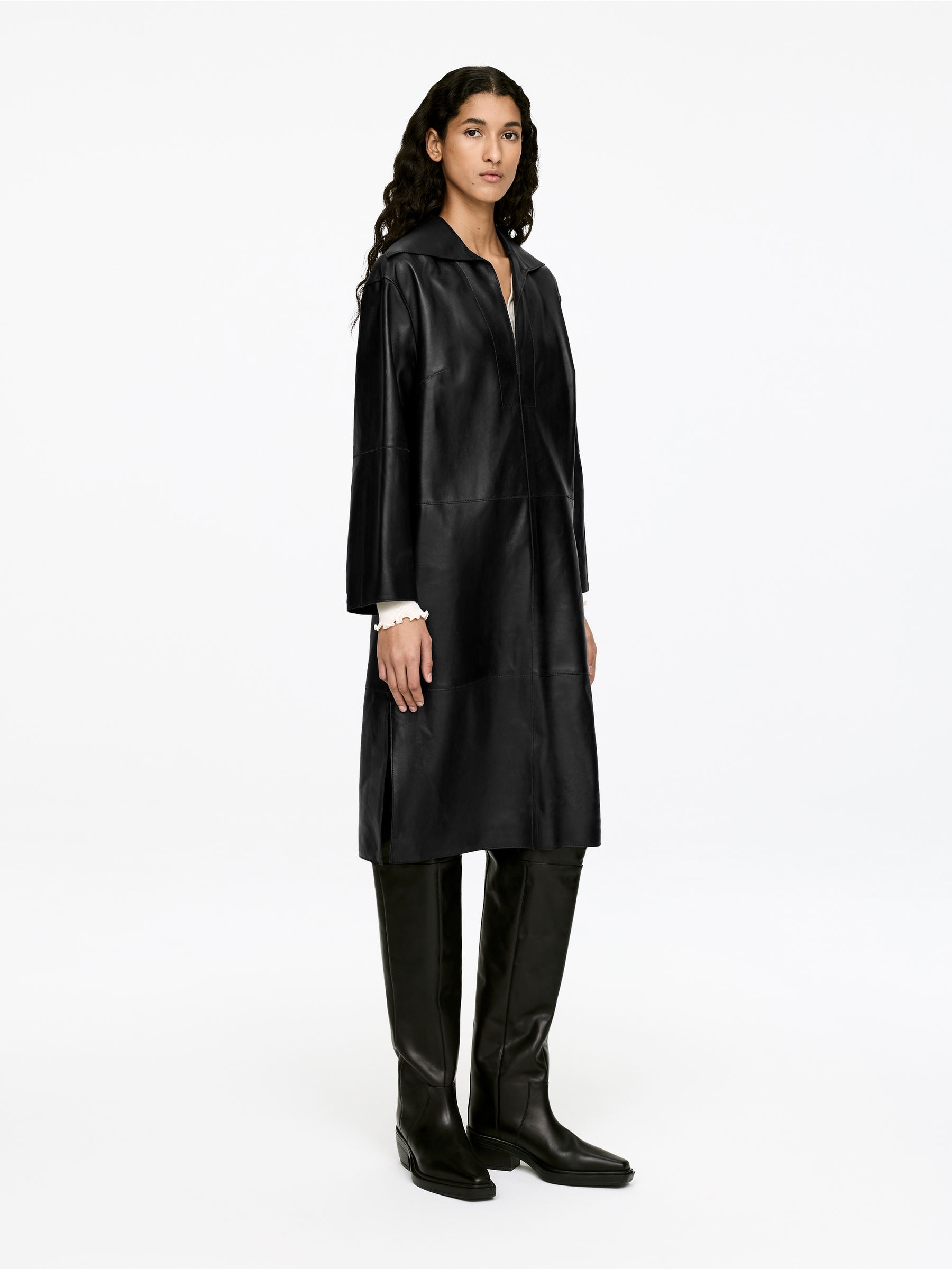 Open-Collar Leather Dress - Black - Regular fit - Women - StillMedia/Lookbook - 16