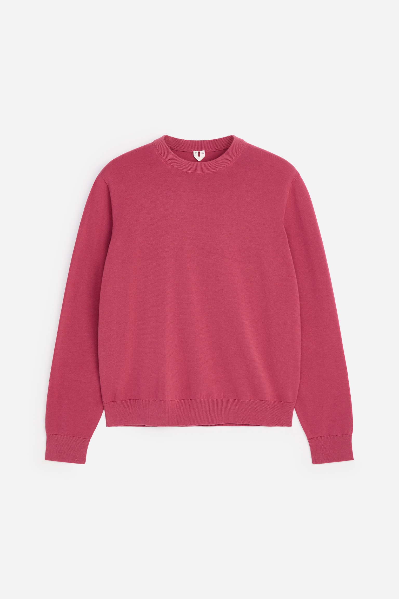 Una felpa girocollo rosa intenso è mostrata di fronte, caratterizzata da un colletto a coste, maniche lunghe con polsini a coste e un orlo a coste.
