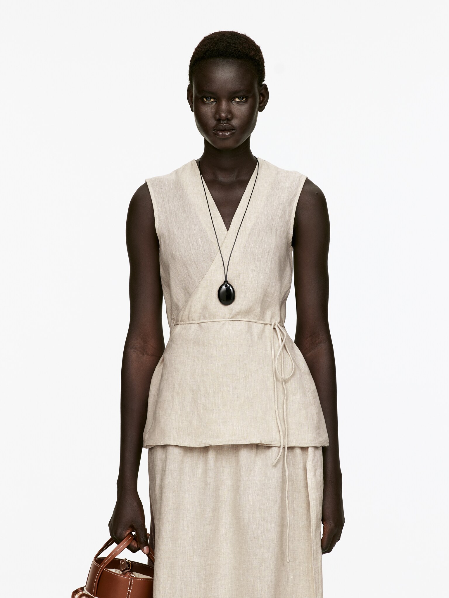 Top cruzado de lino - Beige/sin teñir/Negro