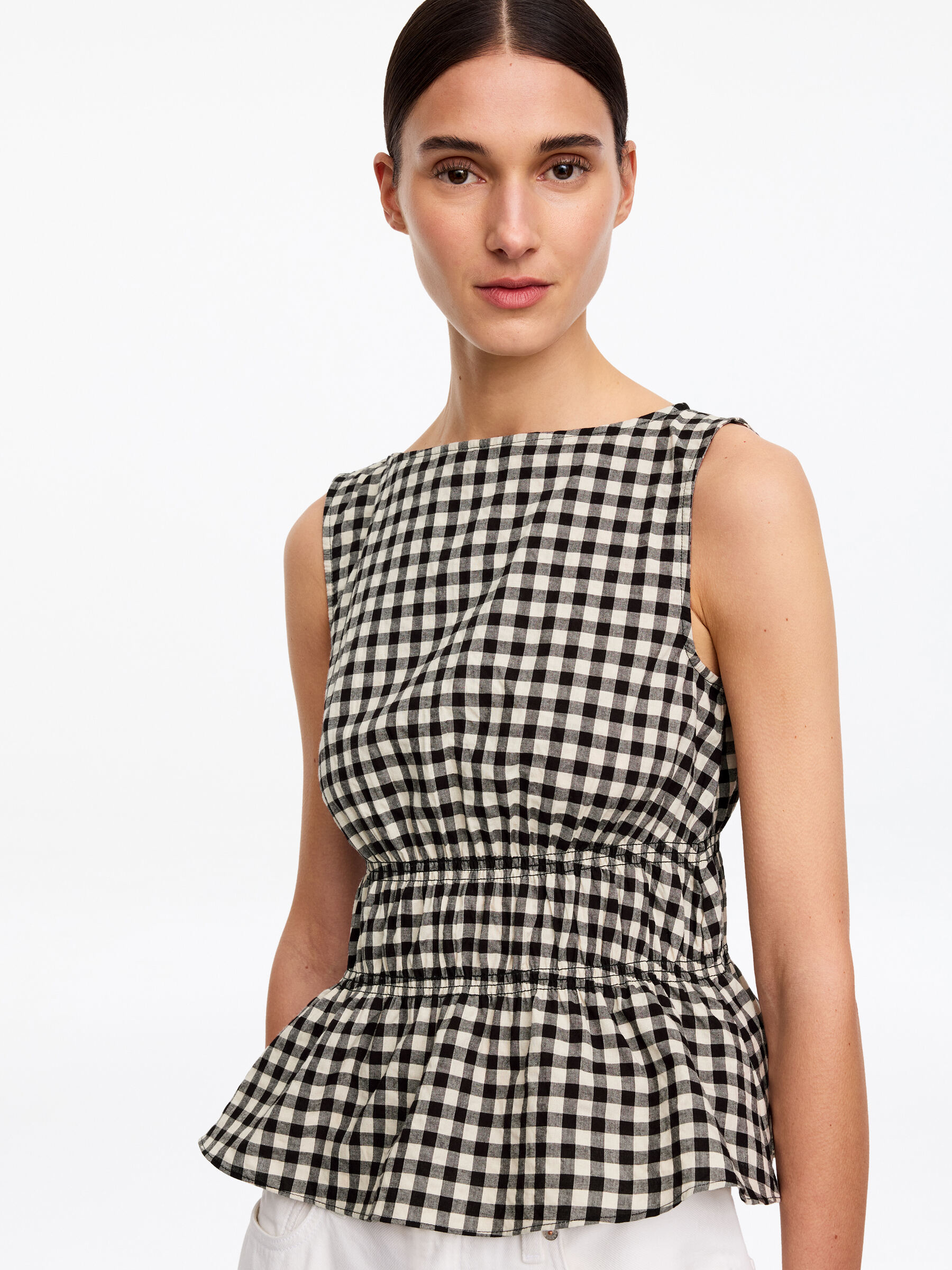 Haut smocké en seersucker - Noir/Carreaux - Slim fit - Femme - StillMedia/Lookbook - 3