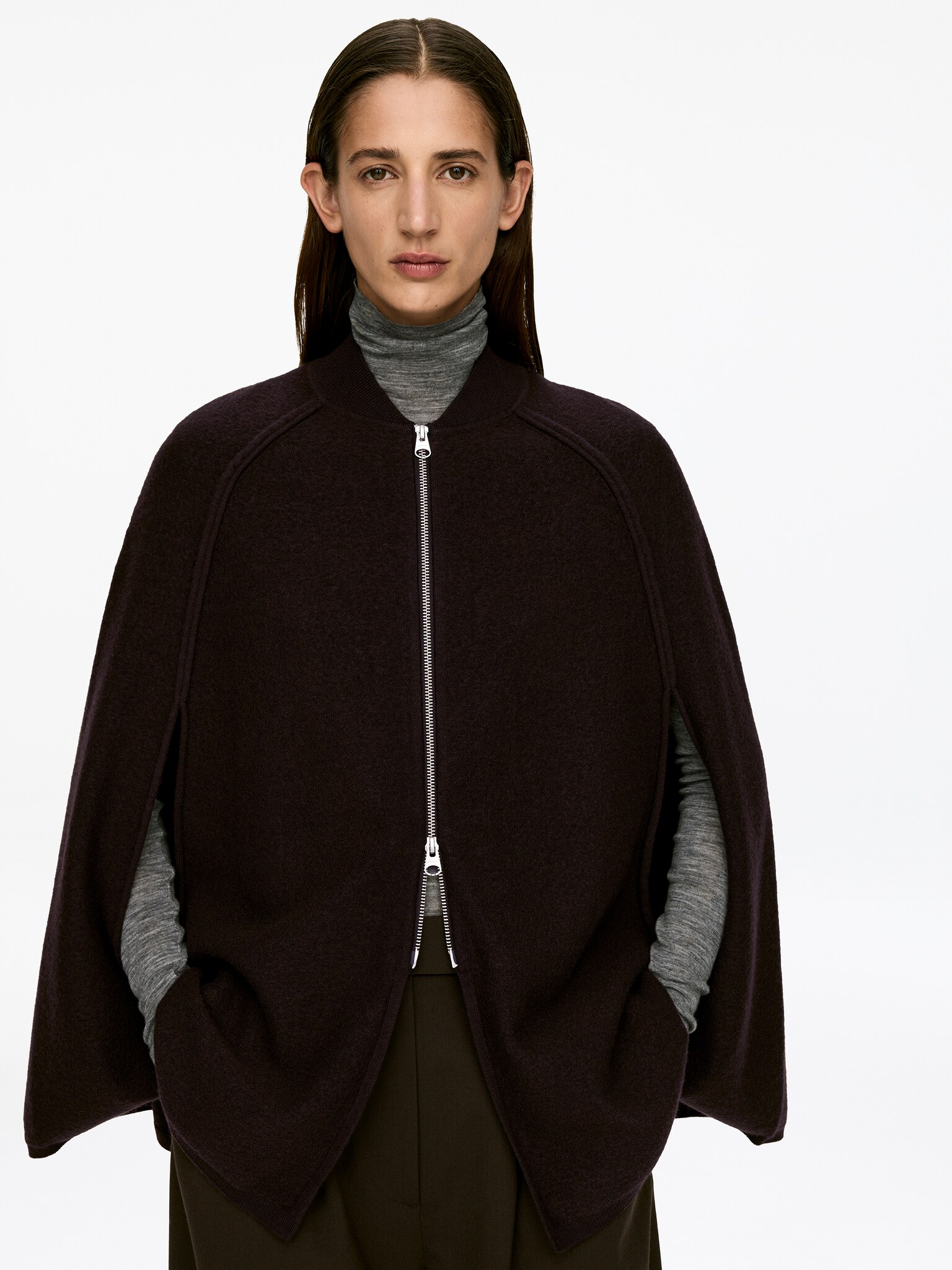 Boiled Wool Cape - Dark Brown - 5