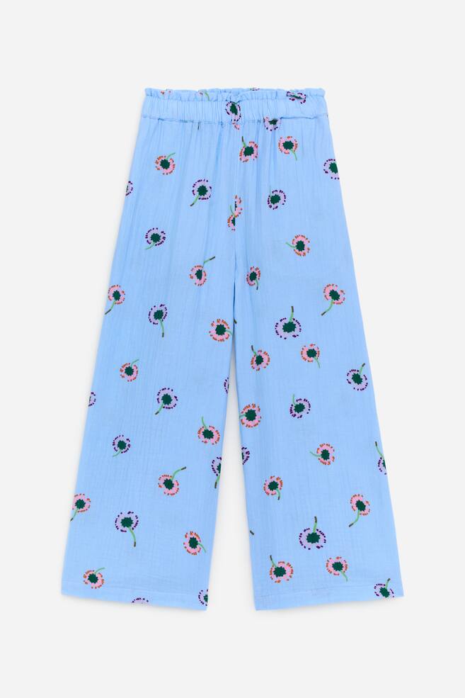 Relaxed Cotton Muslin Trousers - Light Blue/Florals - 1