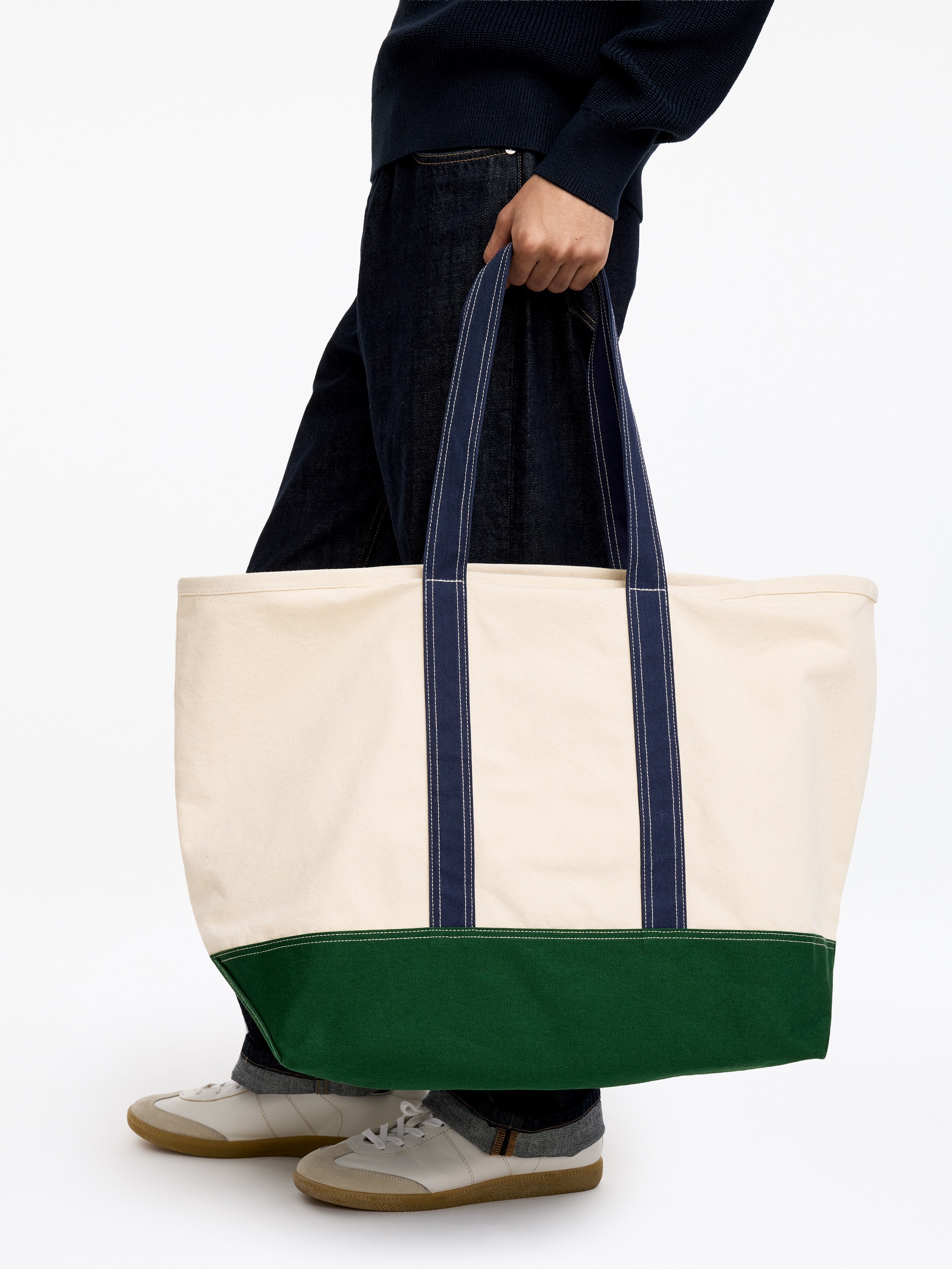 Mala tote de lona grande - Branco-sujo/Verde/Branco-sujo/Azul-marinho