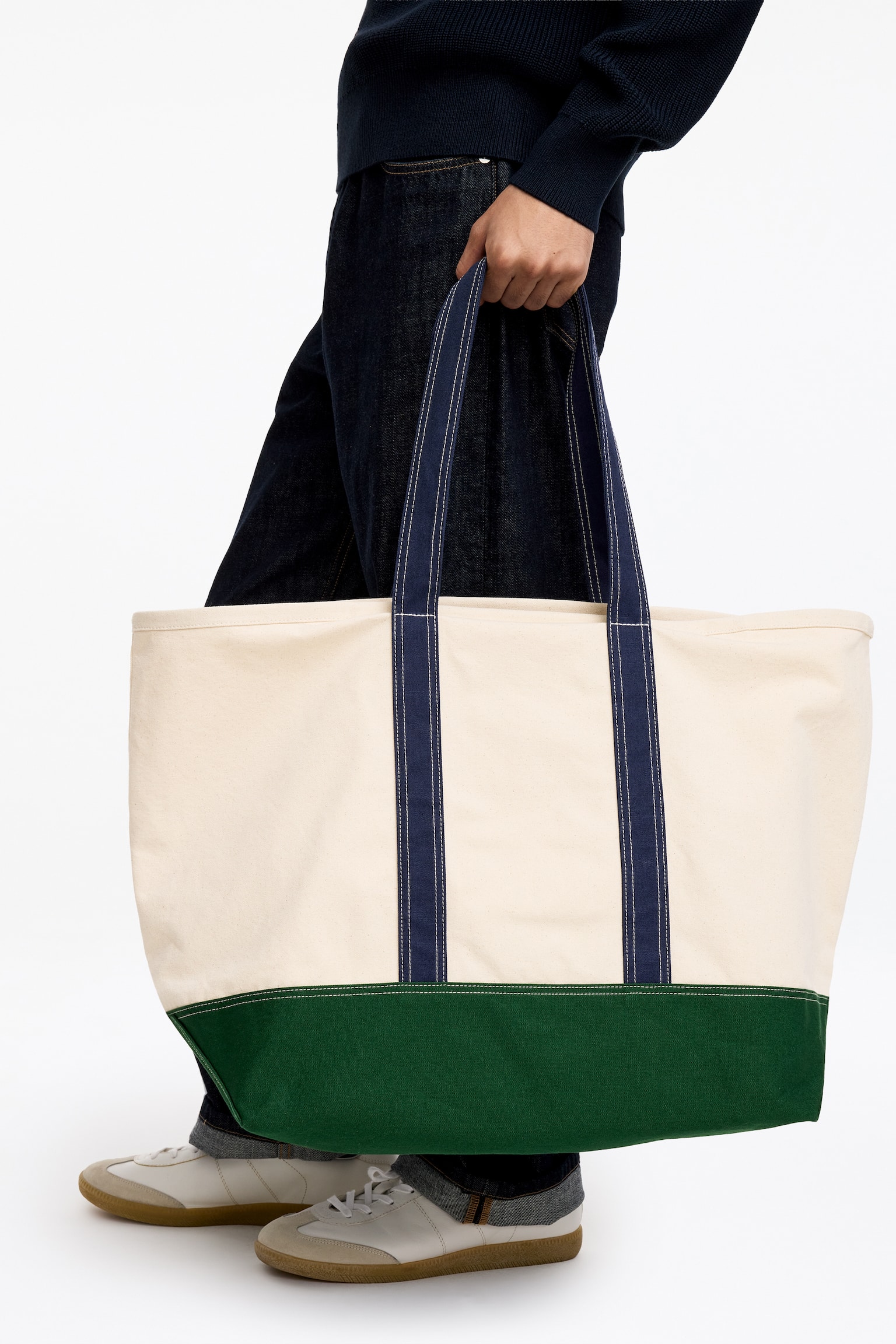 Grand sac cabas en toile - Blanc cassé/Vert/Écru/Bleu marine - 1