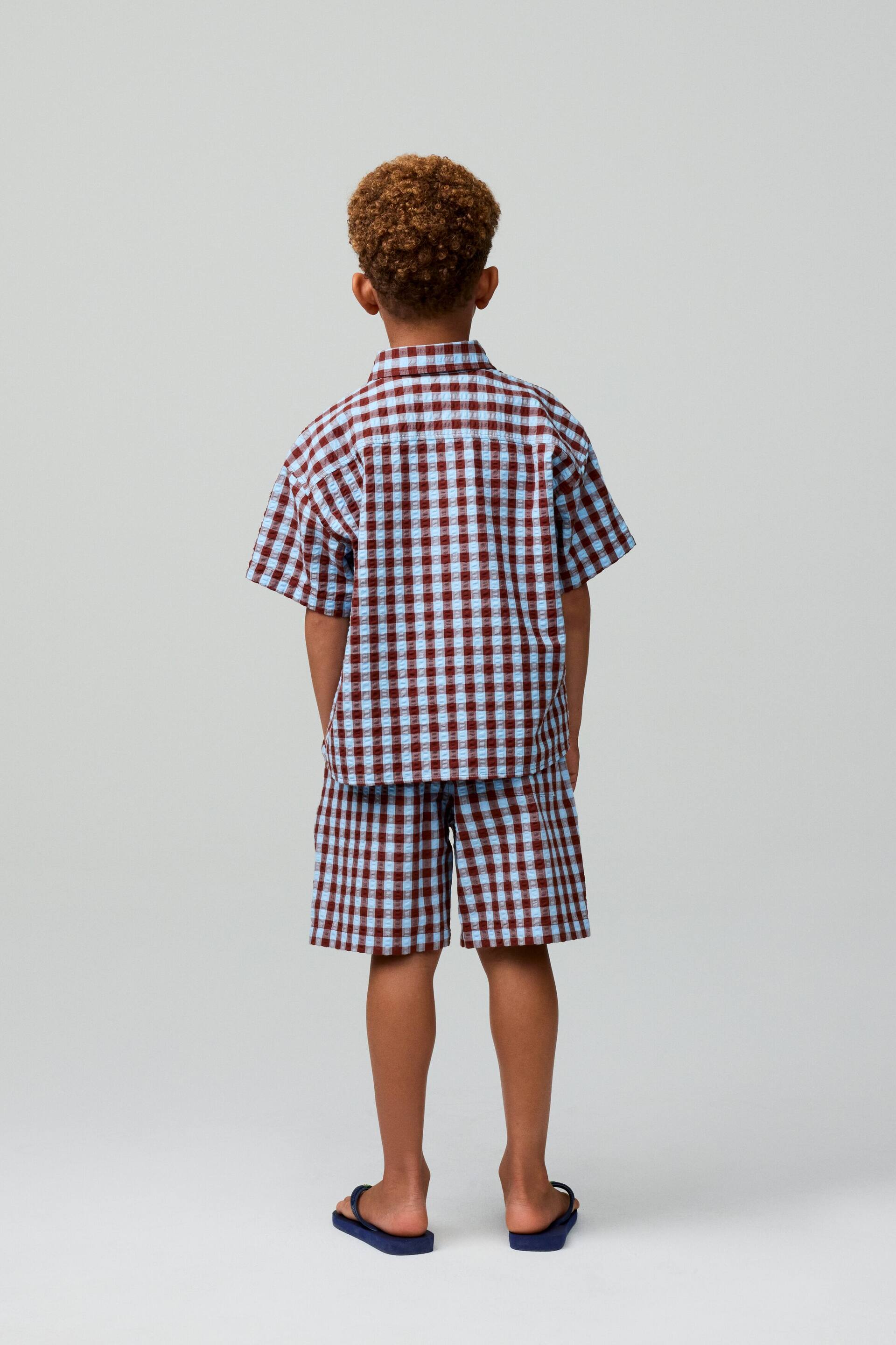 Visualizza immagine più grande: Un completo abbinato per bambini con maglietta a maniche corte e pantaloncini è visto da dietro. Il set presenta un motivo a quadretti azzurro chiaro e rosso scuro su un tessuto testurizzato.