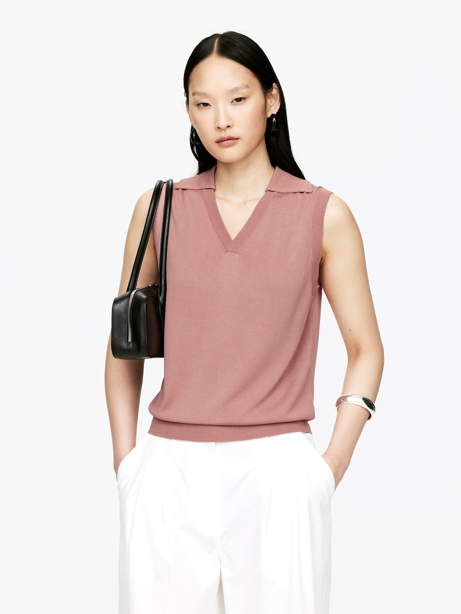 Gilet in maglia con scollo a V - Rosa polvere/Nero