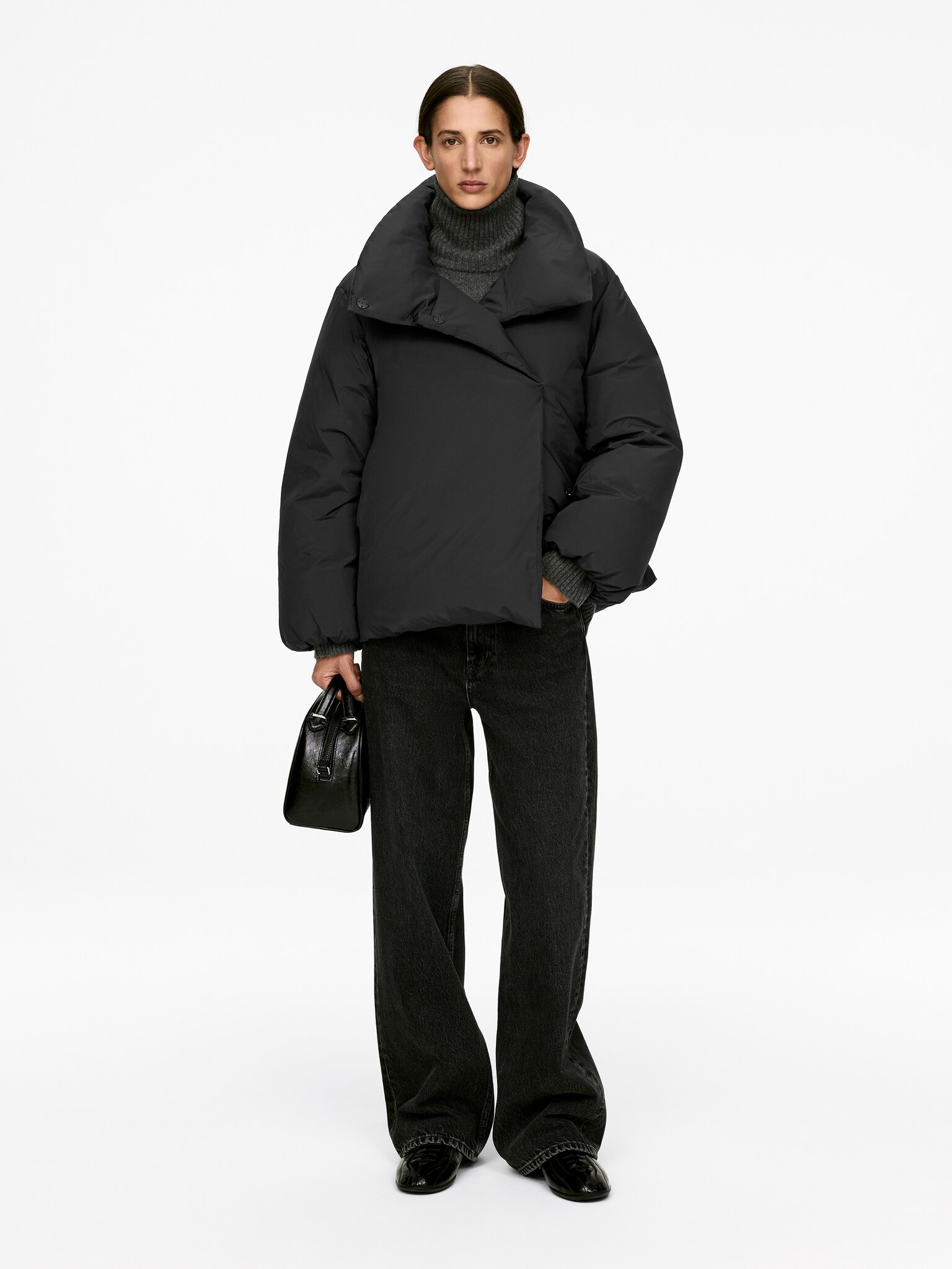 Upcycled Down High-Collar Jacket - Black