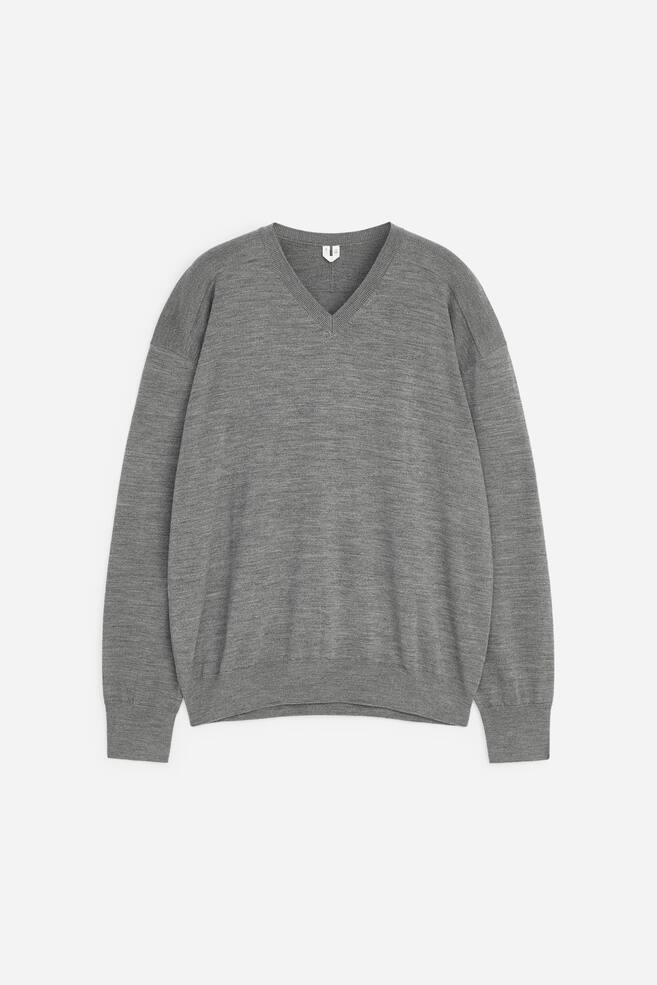 Merino Wool V-Neck Jumper - Grey melange - 1