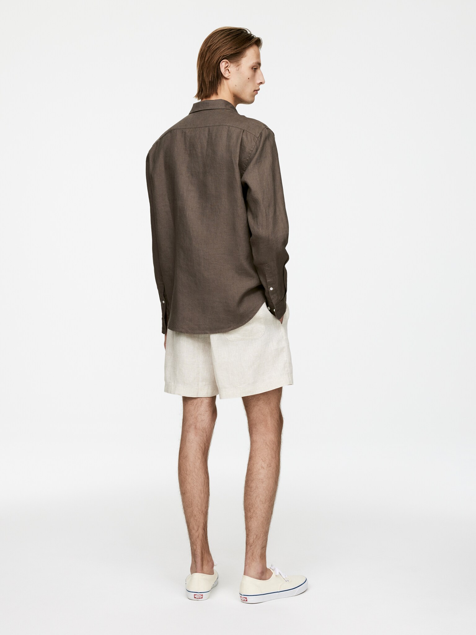 Chemise en lin de coupe classique - Marron/Beige/Bleu foncé/Bleu/Blanc/Vert foncé/Vert poudré/Blanc cassé - 3