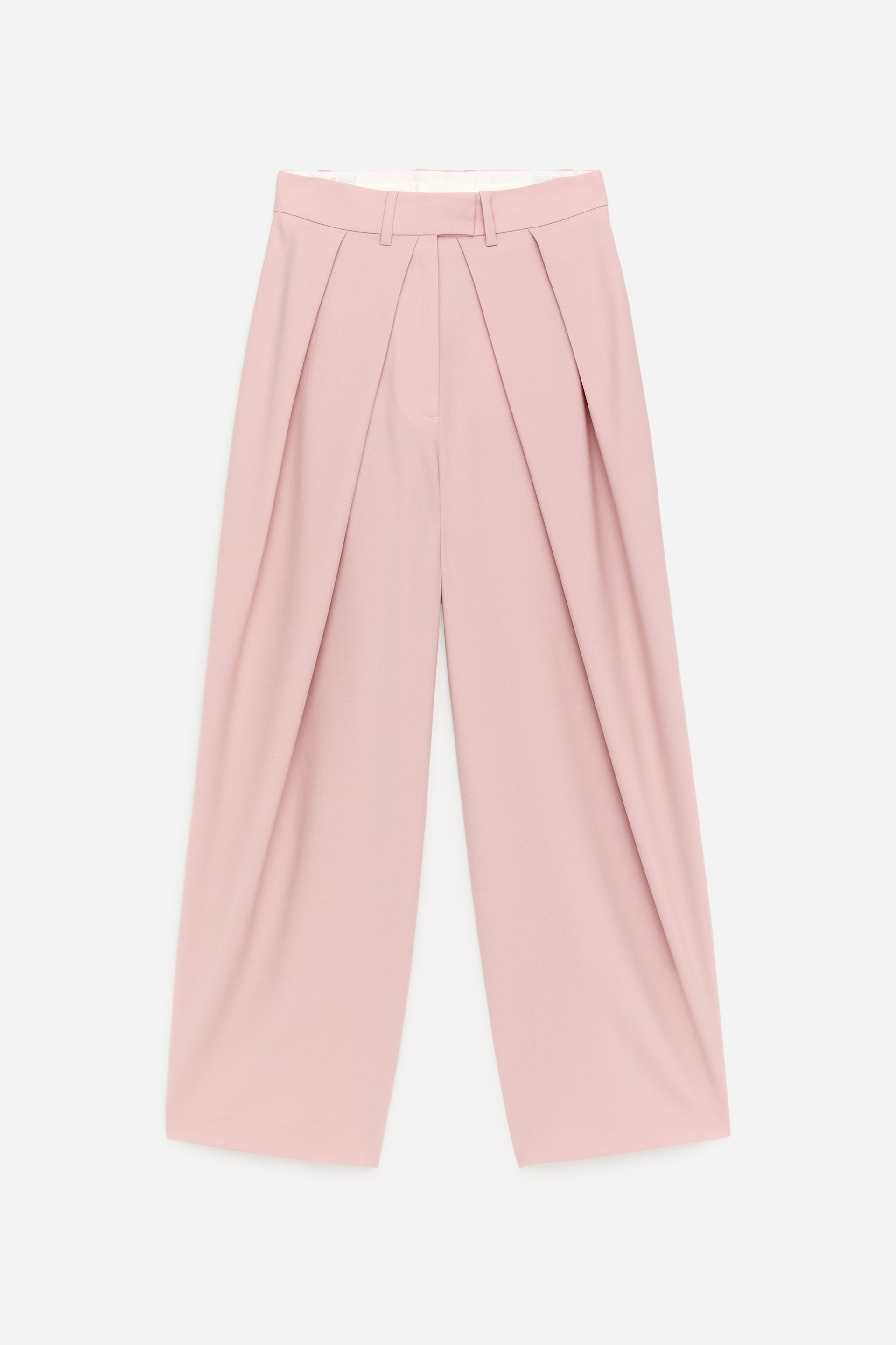 Visualizza l'immagine ingrandita: I pantaloni rosa sono mostrati frontalmente, con una cintura dotata di passanti per cintura, una silhouette a gamba larga e diverse pieghe rivolte verso l'interno che si estendono dalla cintura lungo la parte anteriore di ciascuna gamba. I pantaloni presentano una texture liscia e fluente.