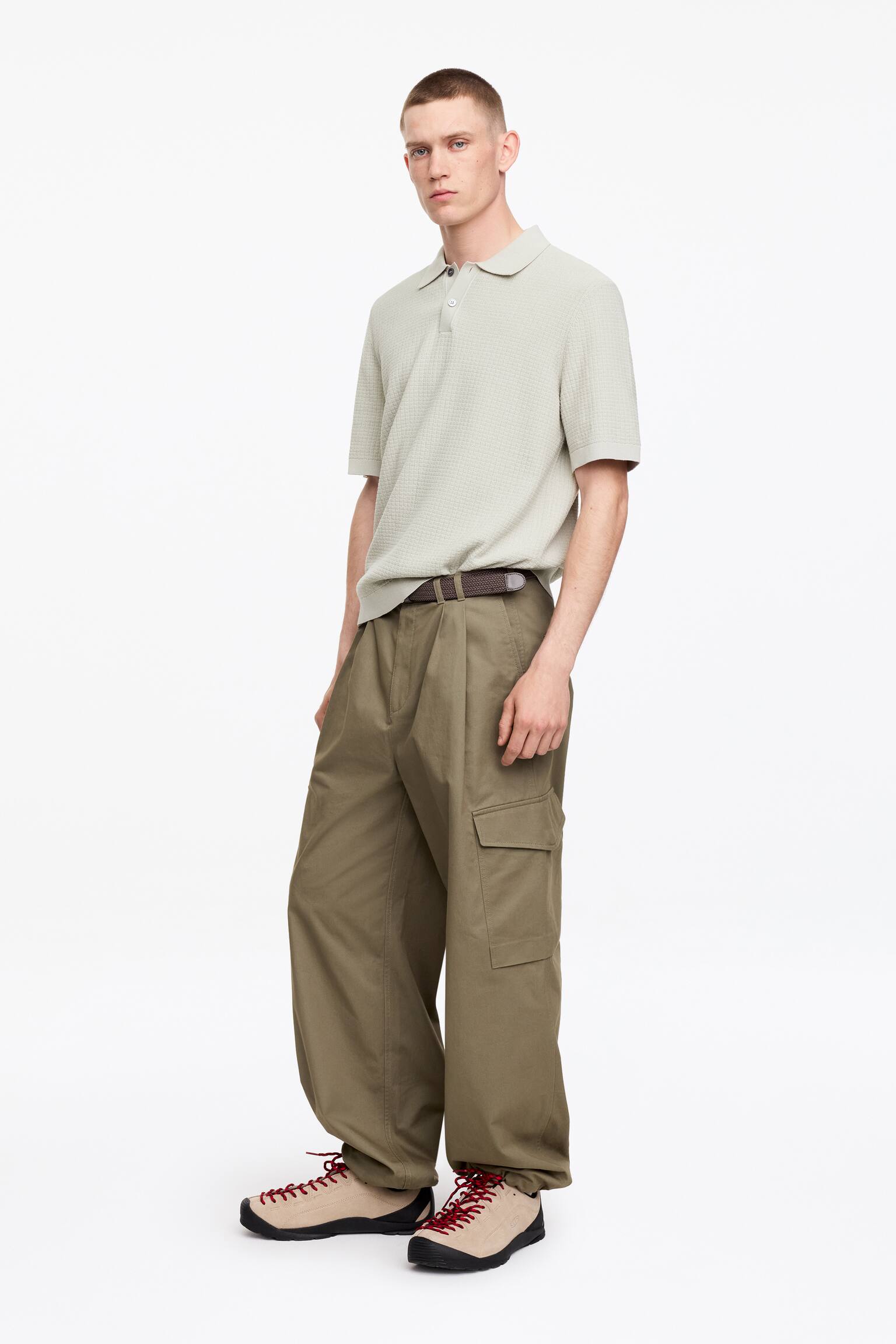 Koszulka polo z bawełnianej dzianiny-Przydymiony zielony - 5