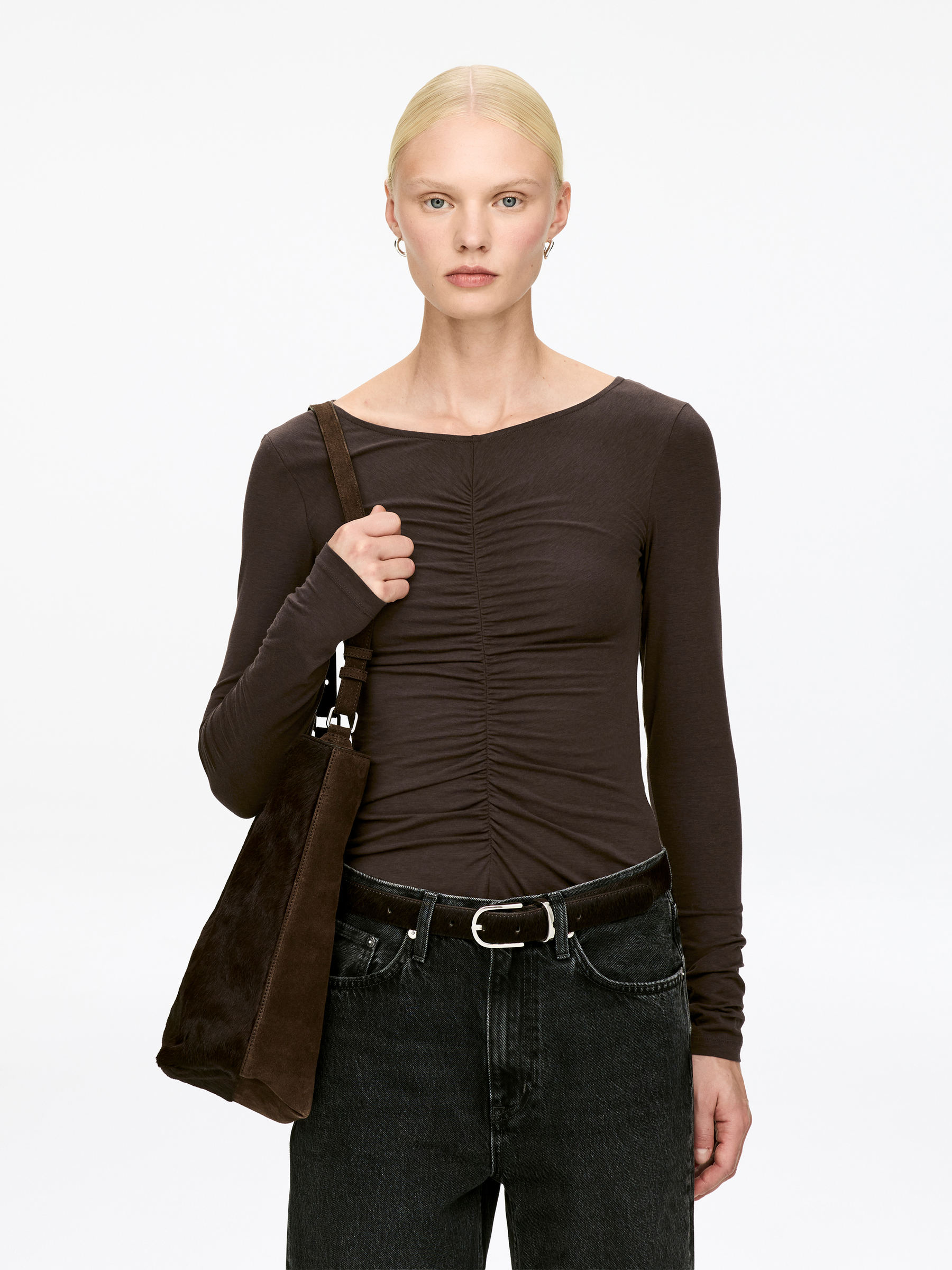 Gathered Top - Dark Brown - Slim fit - Women - StillMedia/Lookbook - 5