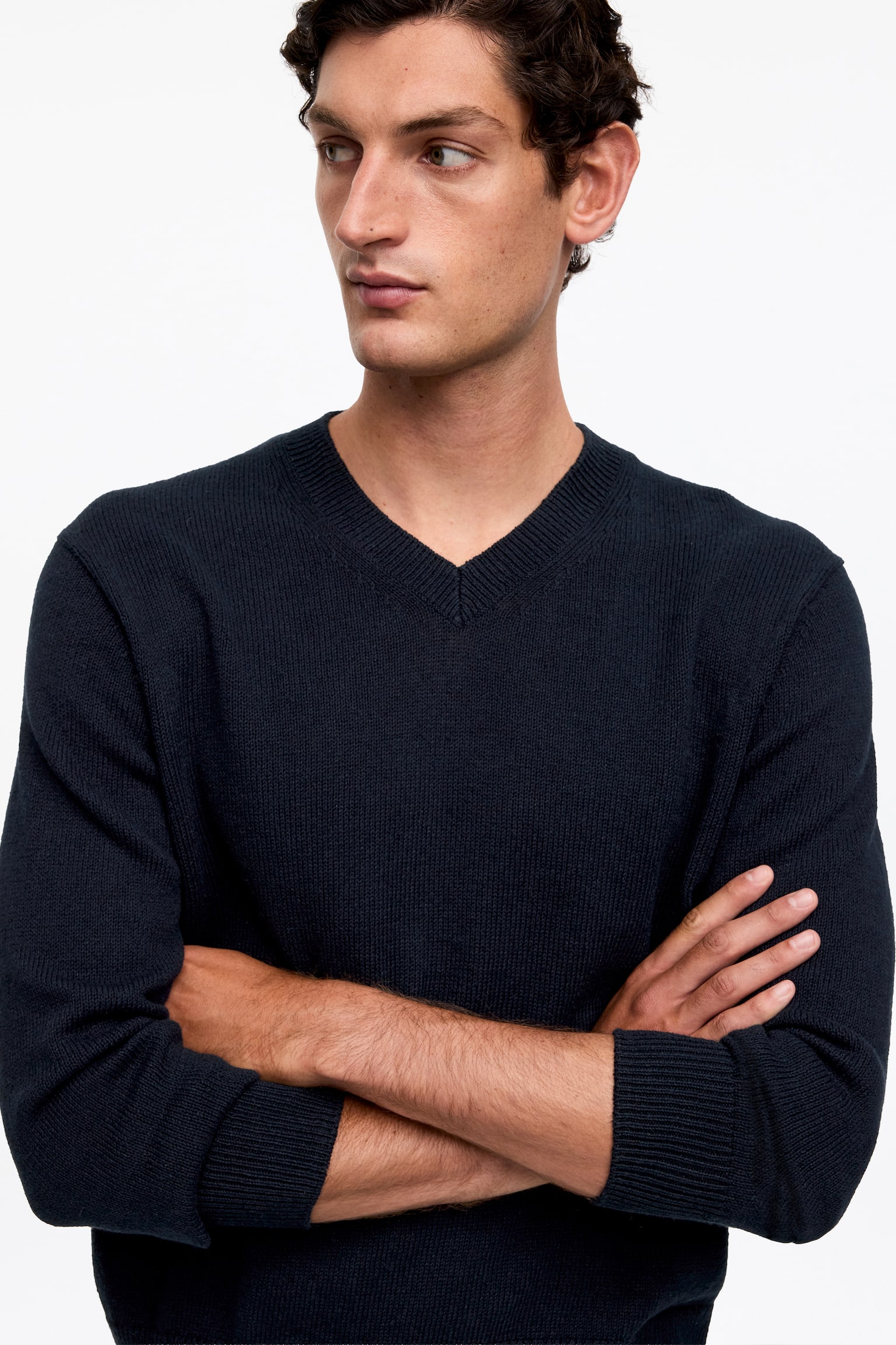 Jersey de lino y algodón con cuello de pico - Azul oscuro - 3