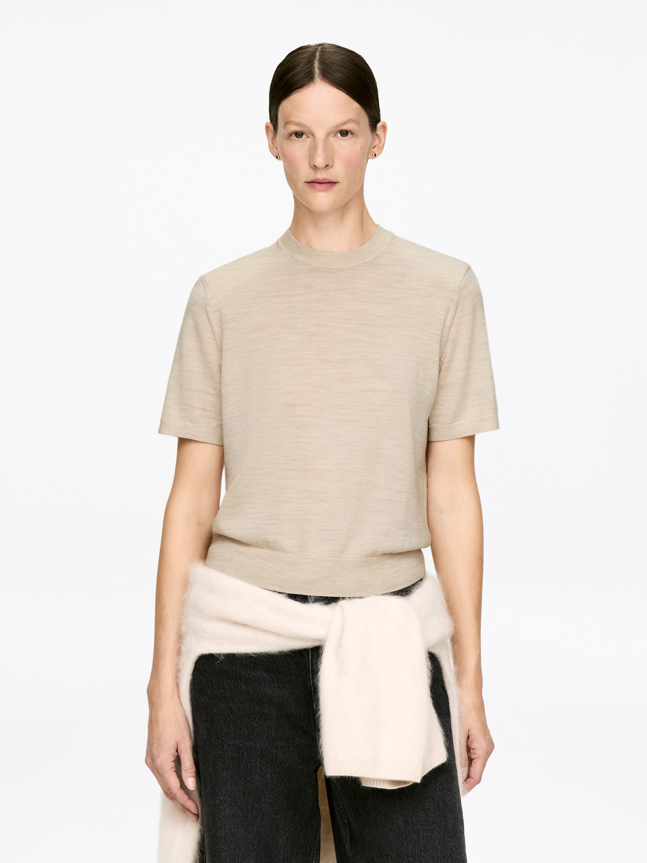 Tricou din lână Merino tricotată - Bej deschis/Albastru închis