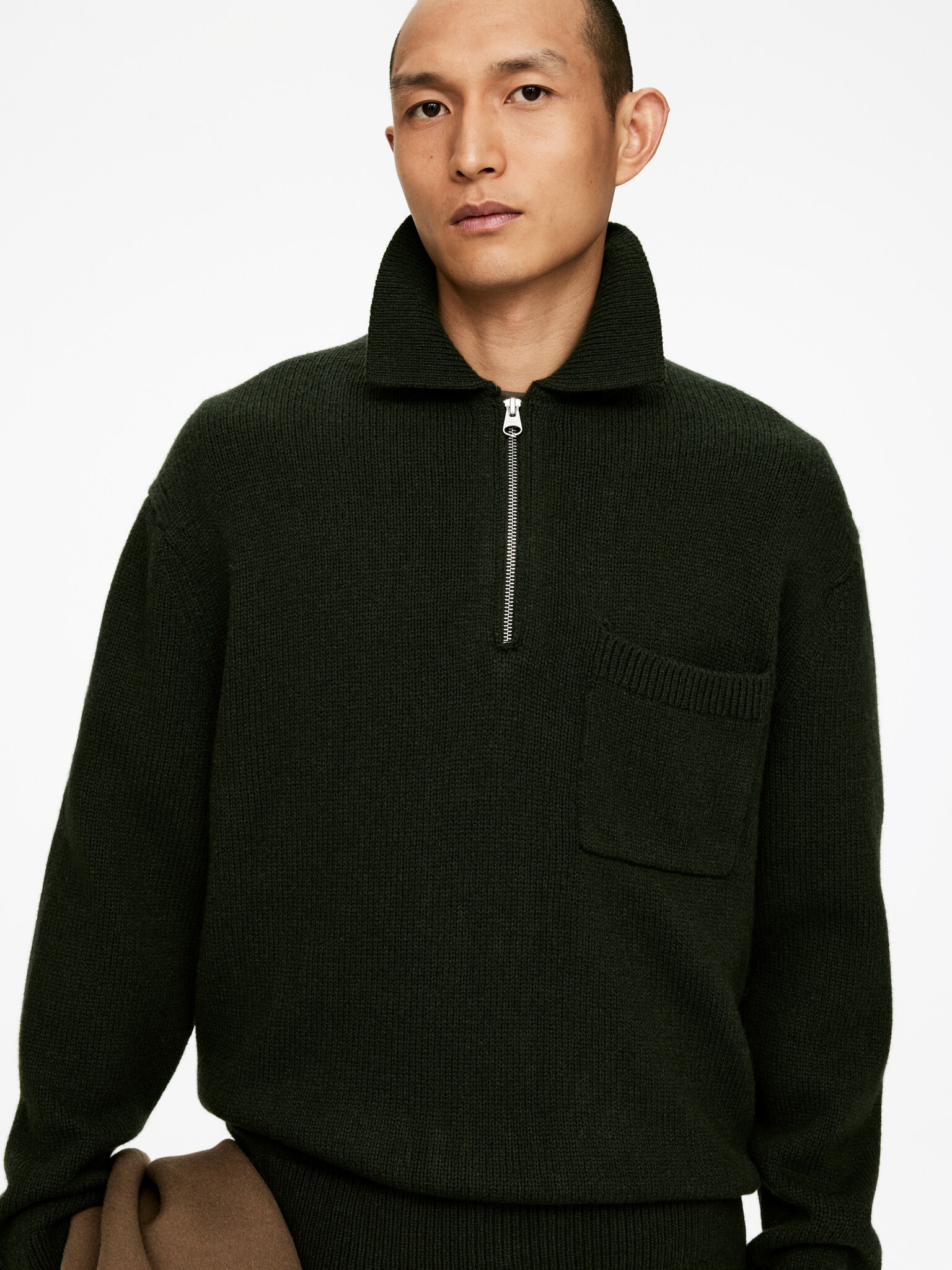 Knitted Wool Zip Polo Shirt - Dark Green/Grey/Brown - 6