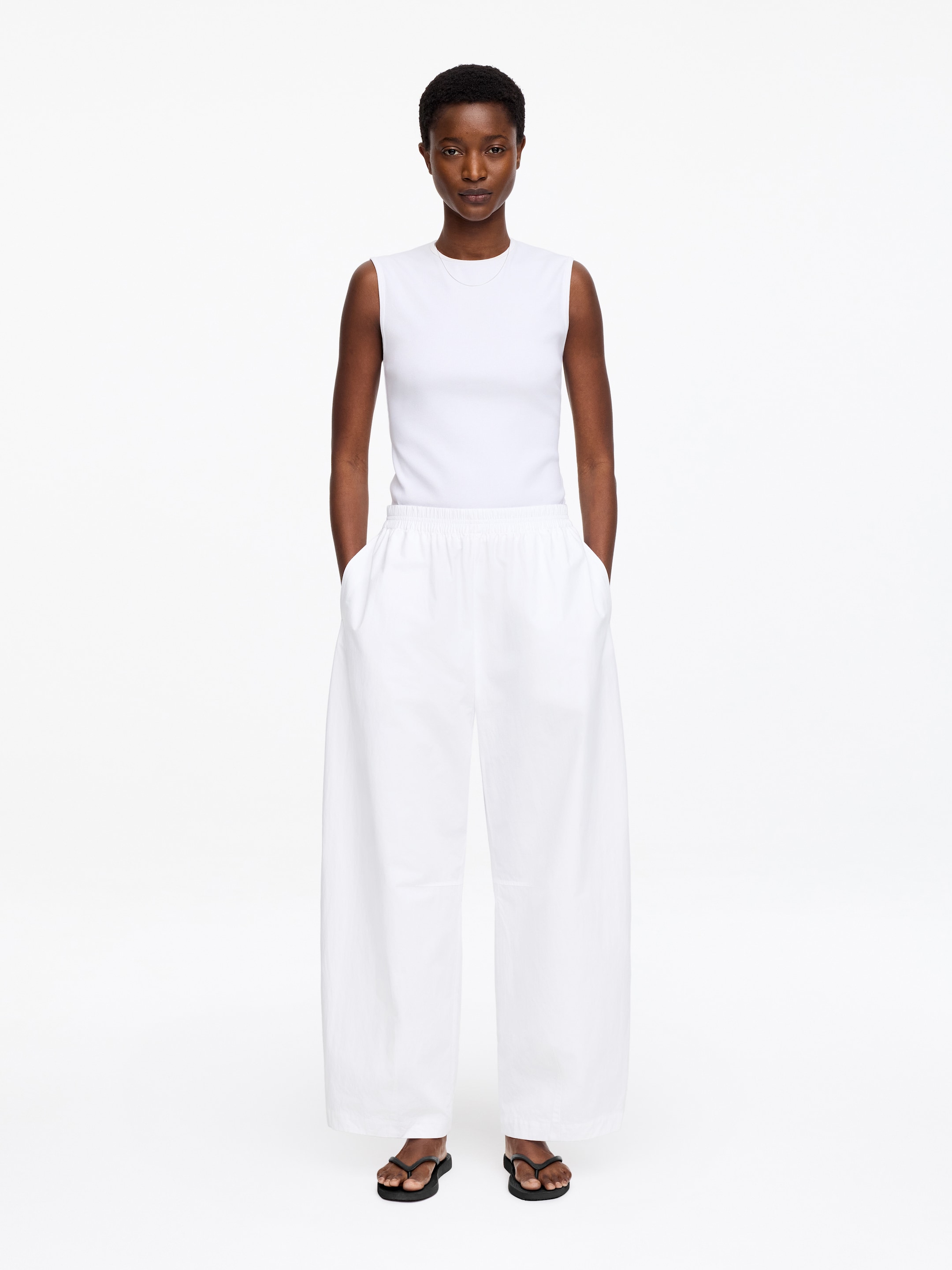 Barrel-Leg Cotton Trousers-#FFFFFF-18603
