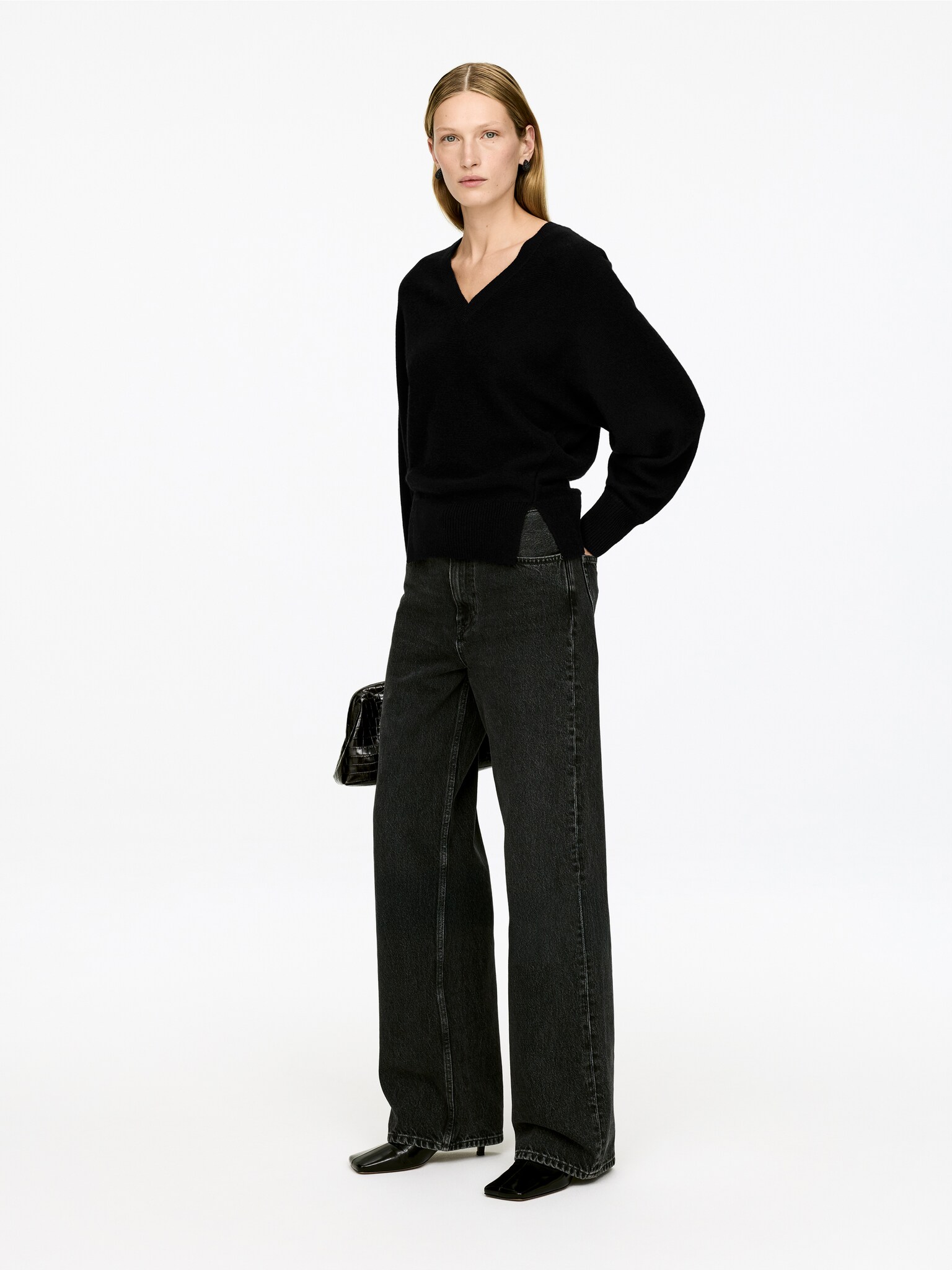 Pull à col V en pur cachemire - Noir/gris - 3