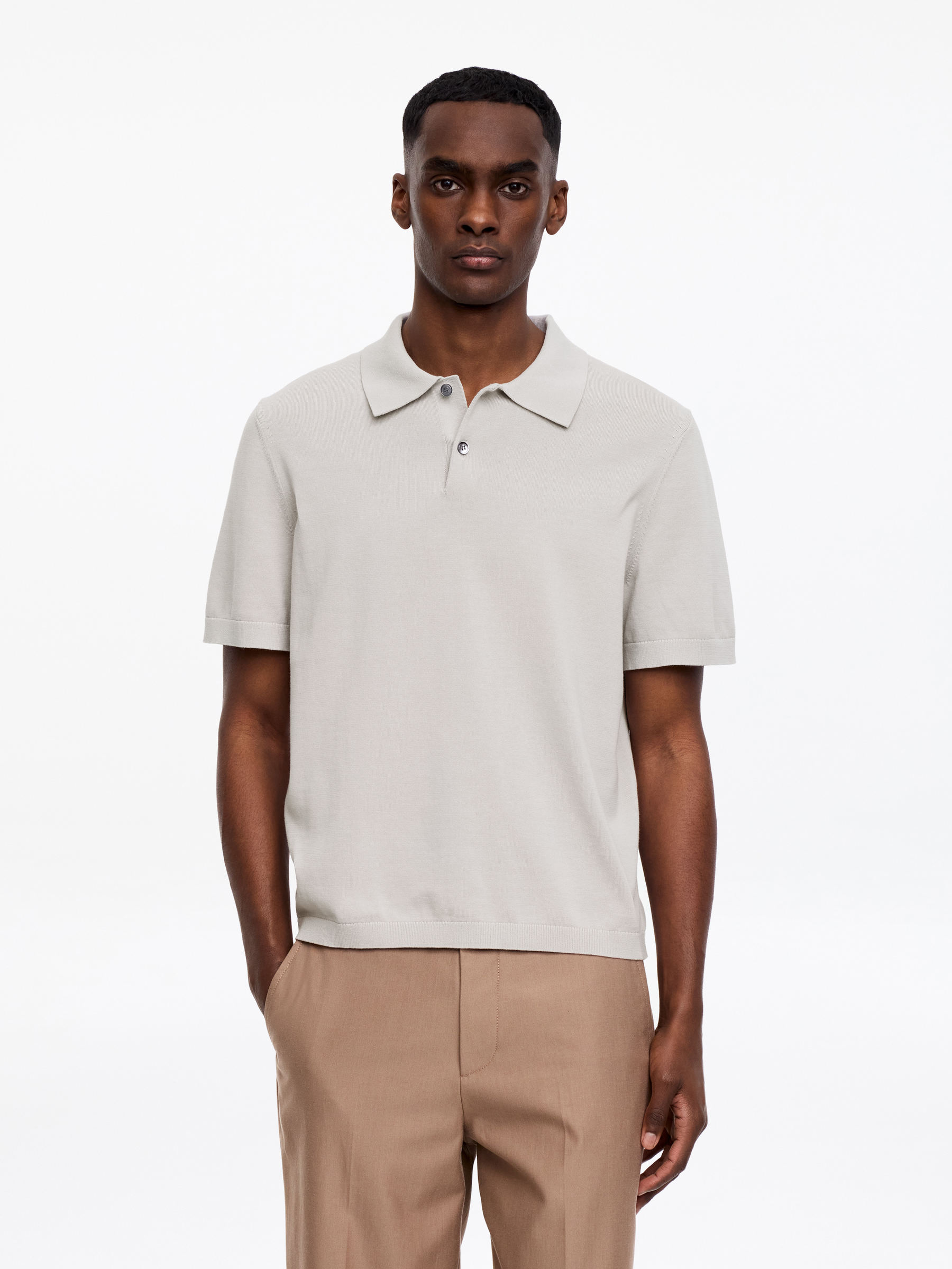 Fine-Knit Polo Shirt-#B9B1AA-18451