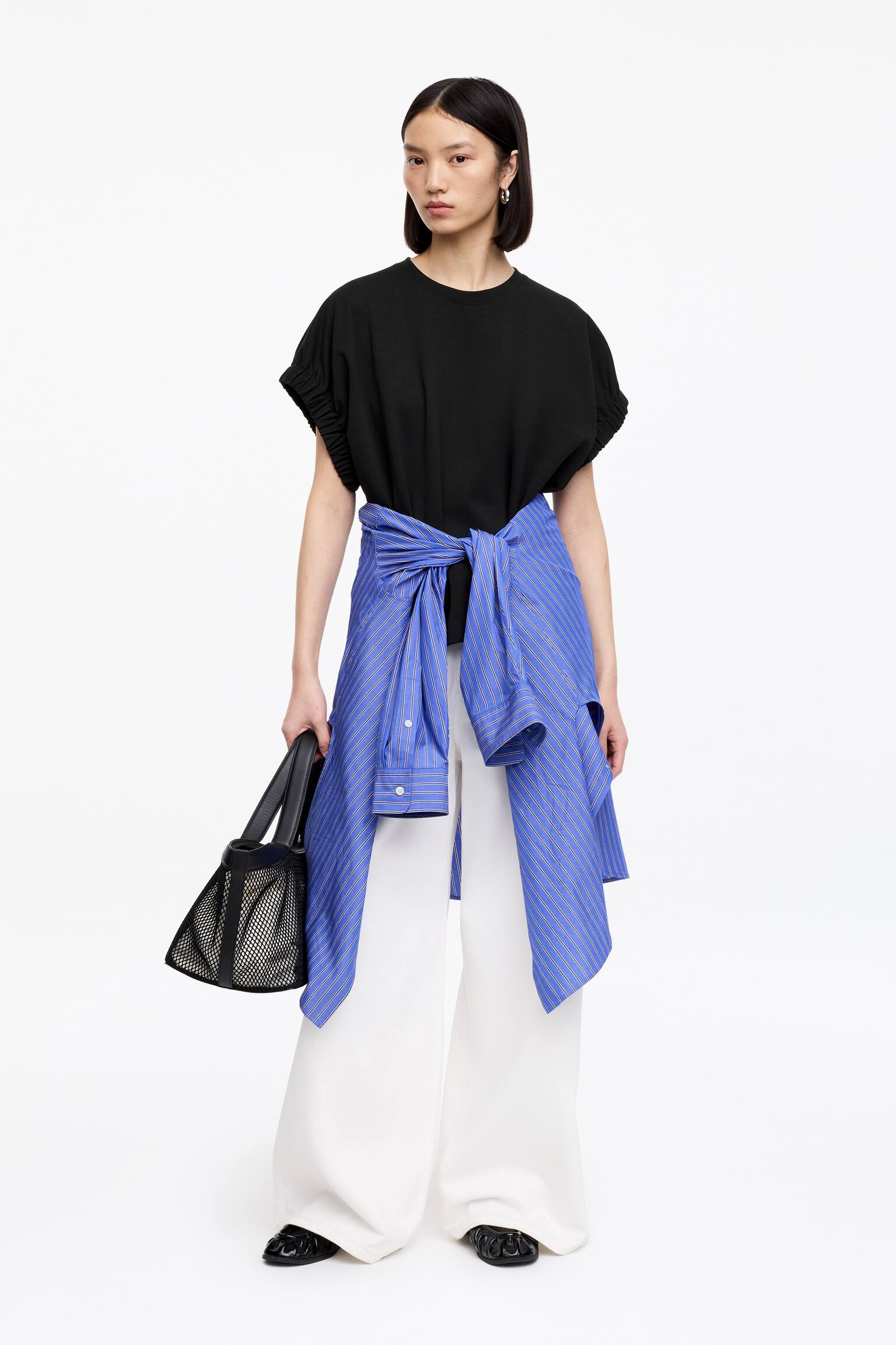 T-shirt med veckad ärm - Svart/Beige - 6