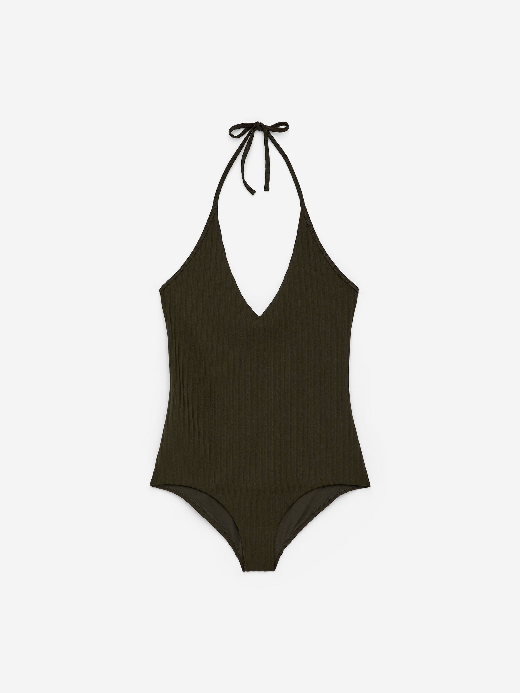 Ribbed Halterneck Swimsuit-#3E3D36-15350