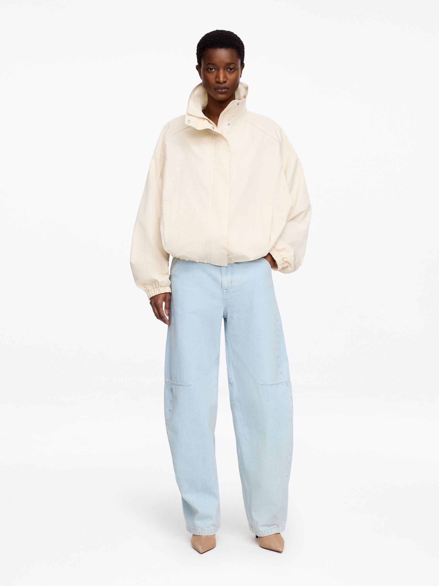 Giacca in nylon con collo a imbuto-#DCD6C7-18455