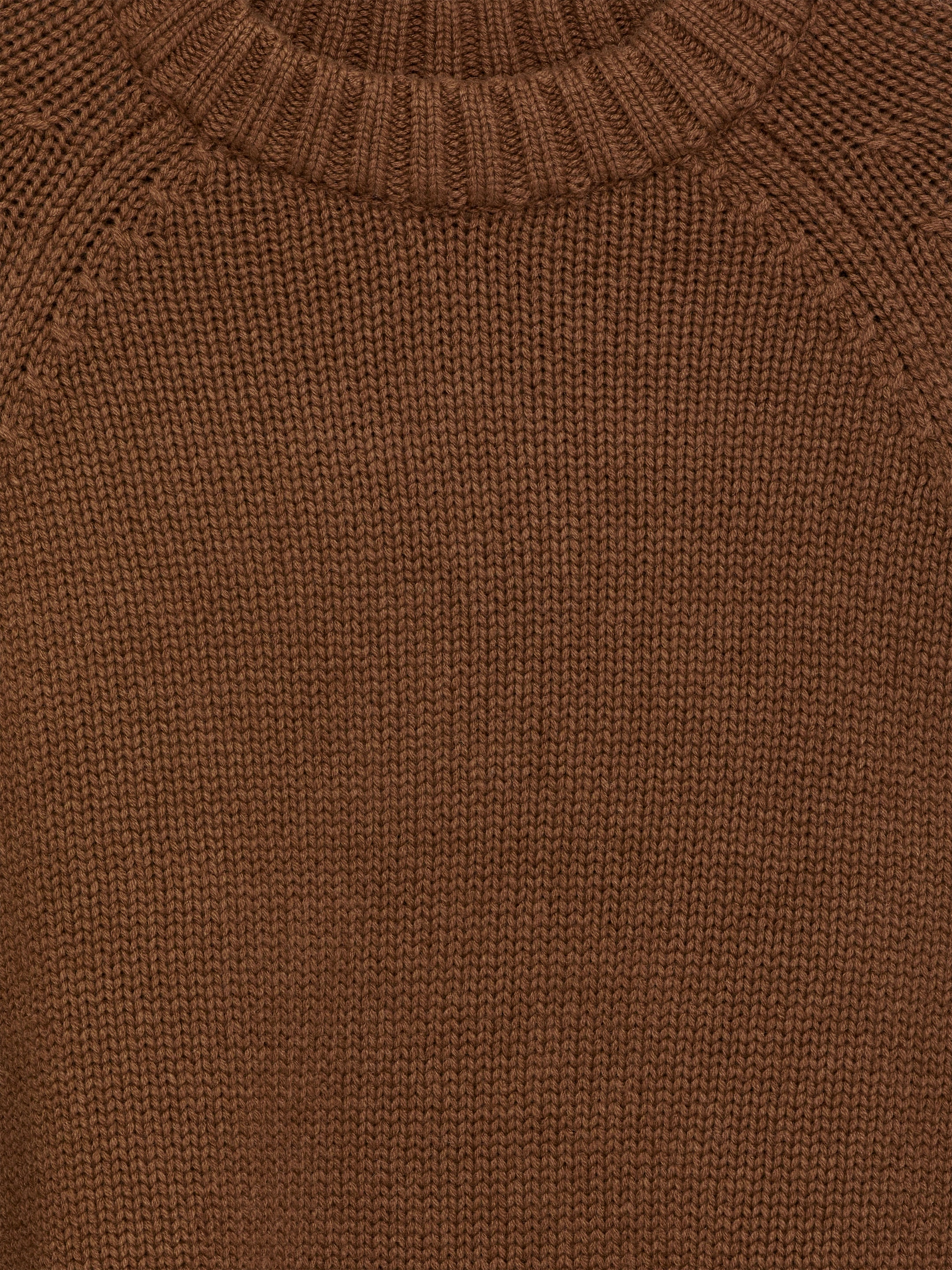 View larger image: A brown chunky pure cashmere jumper is being displayed from the front, featuring a ribbed crew neck and distinct raglan sleeve shaping, with the main body knit in a visible stockinette stitch.
