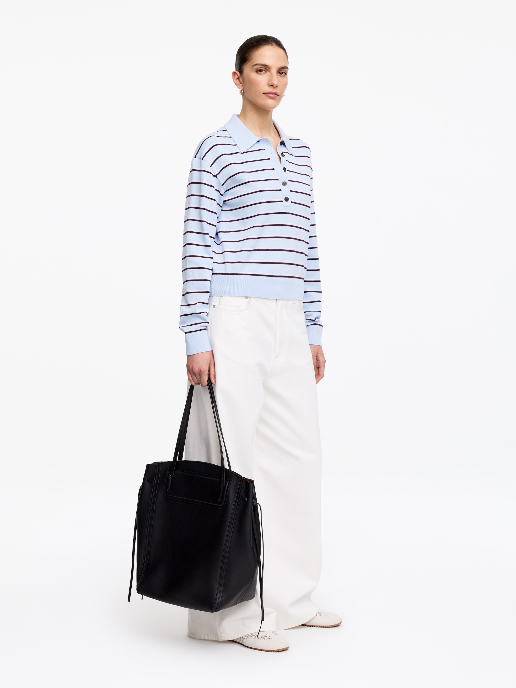 Knitted Polo Shirt - Light Blue/Dark Red/White - Regular fit - Women - StillMedia/Lookbook - 5
