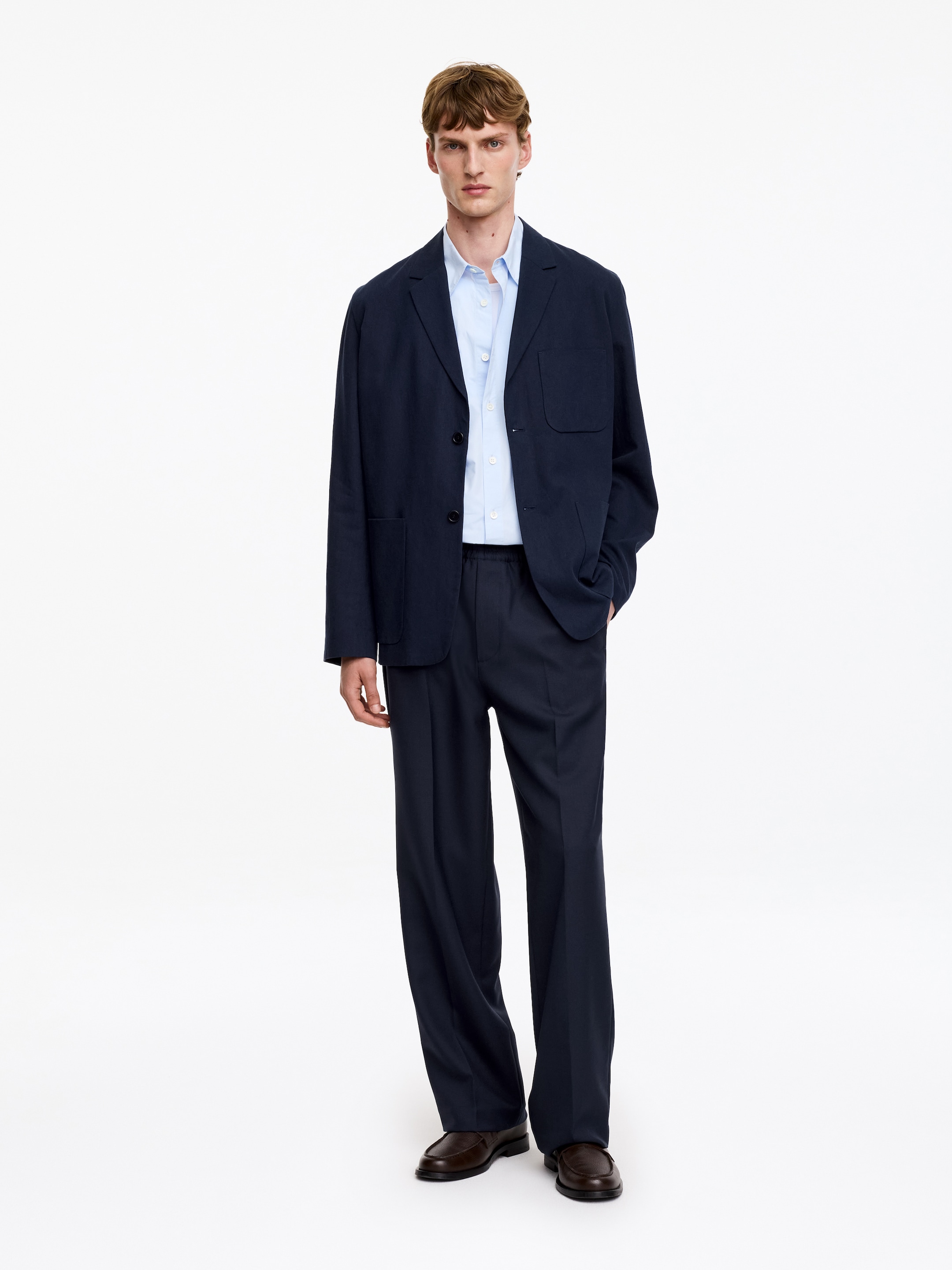 Pantaloni pull on in hopsack a gamba larga-Blue-19663
