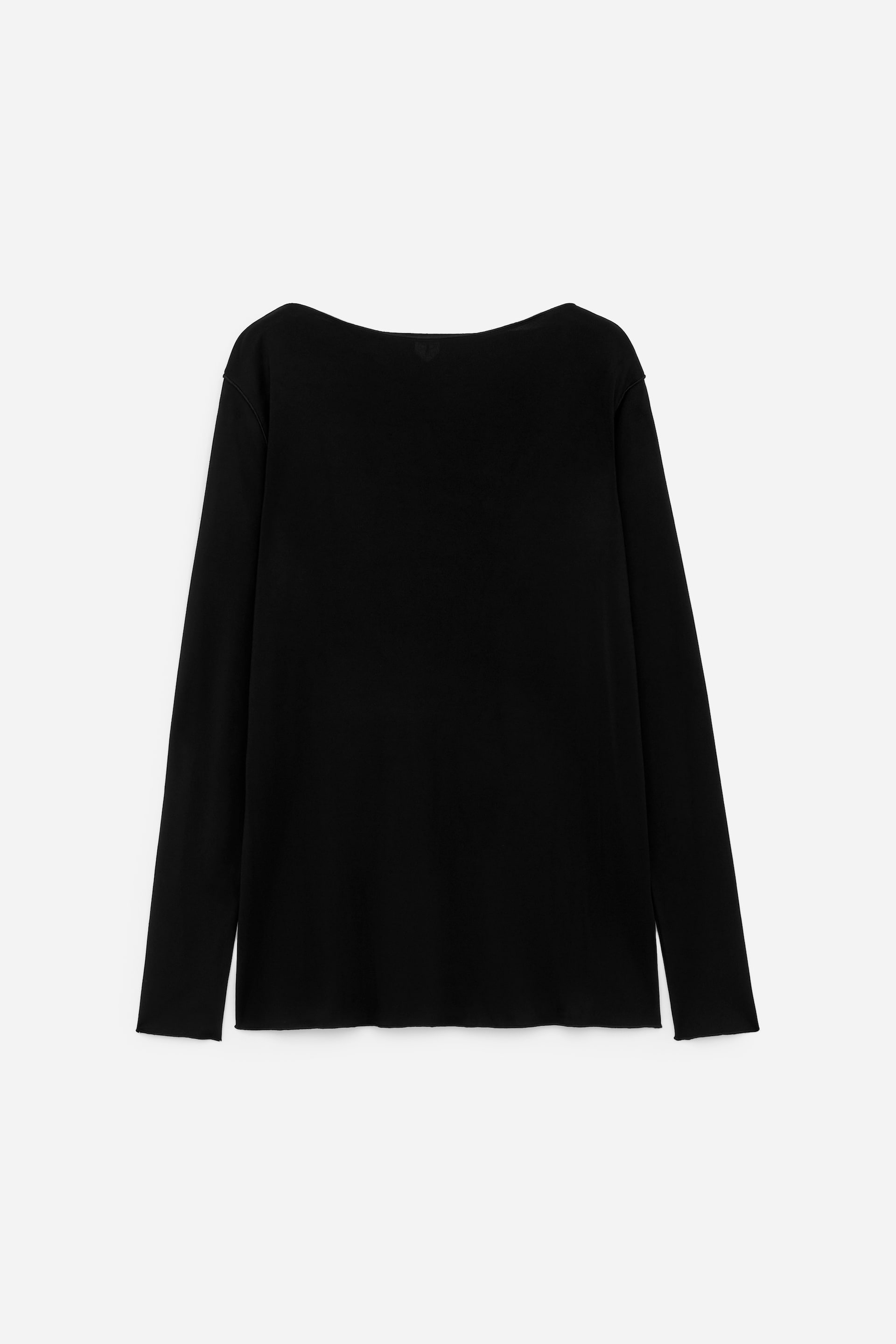 View larger image: A black boat-neck top, presented FRONT, is featuring lustrous satin-quality viscose, extra-long sleeves, and babylock hems.
