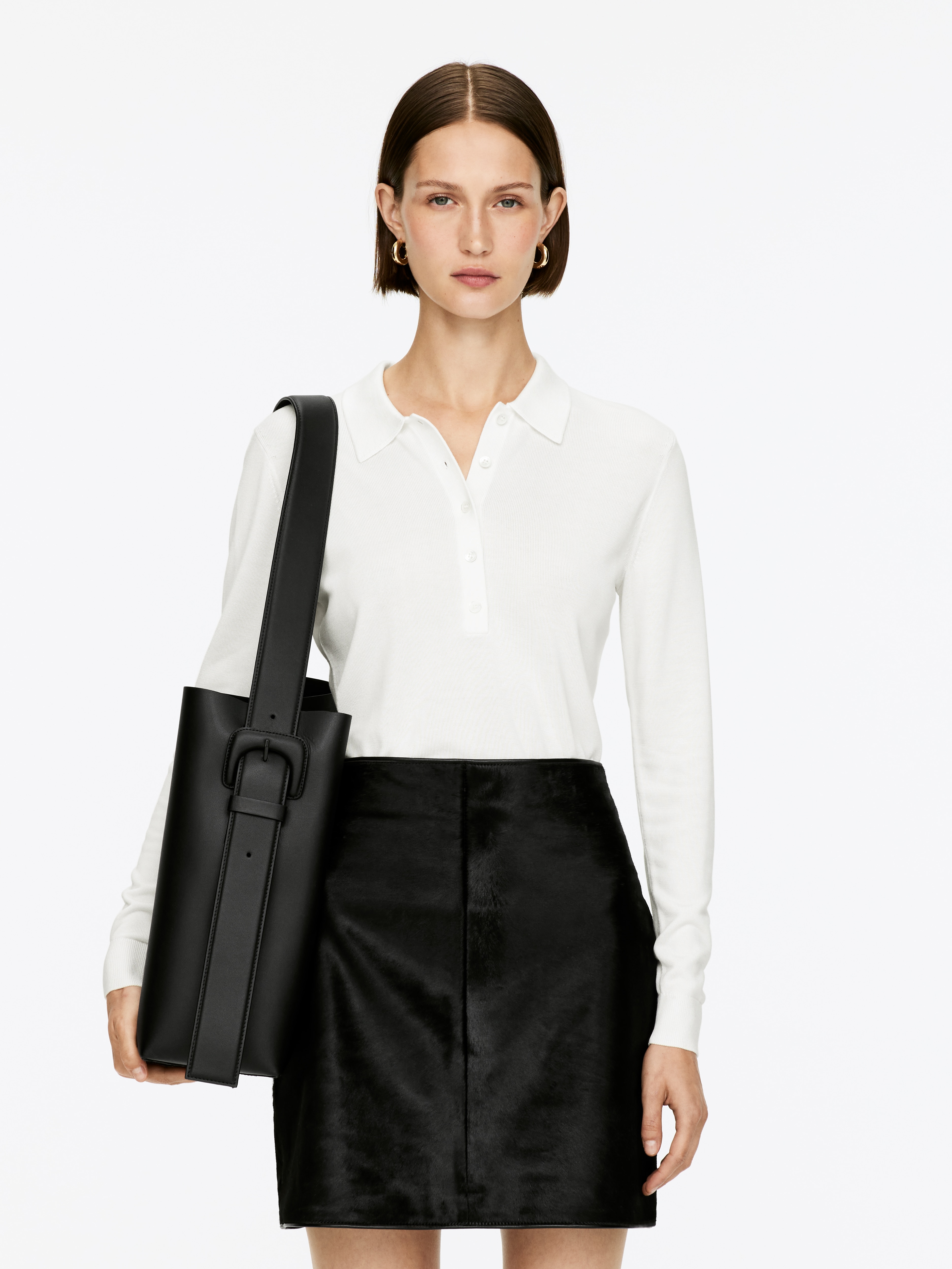 Strikket poloskjorte - Hvit/Lyseblå