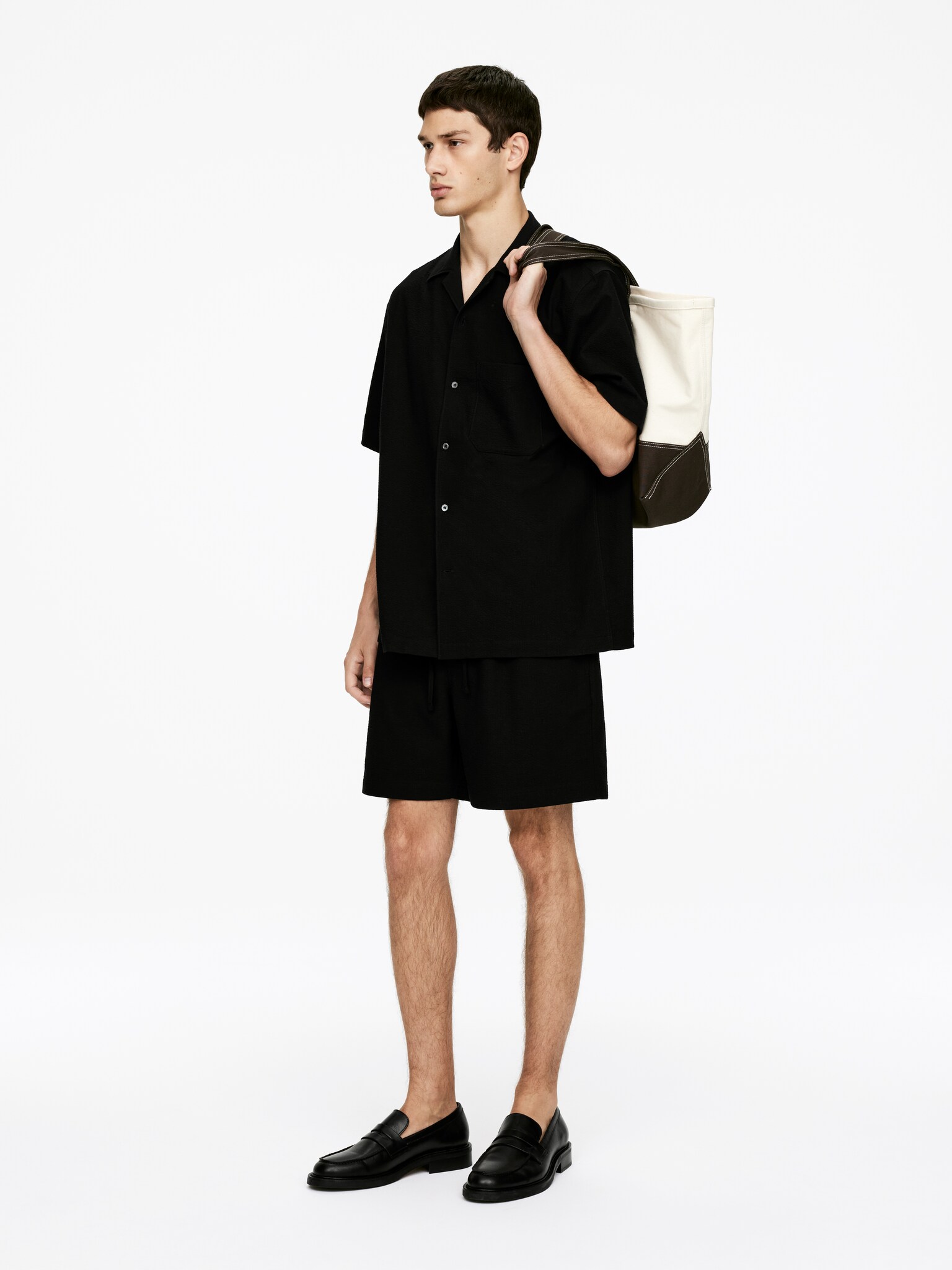 Chemise en seersucker à col cubain - Noir - 4