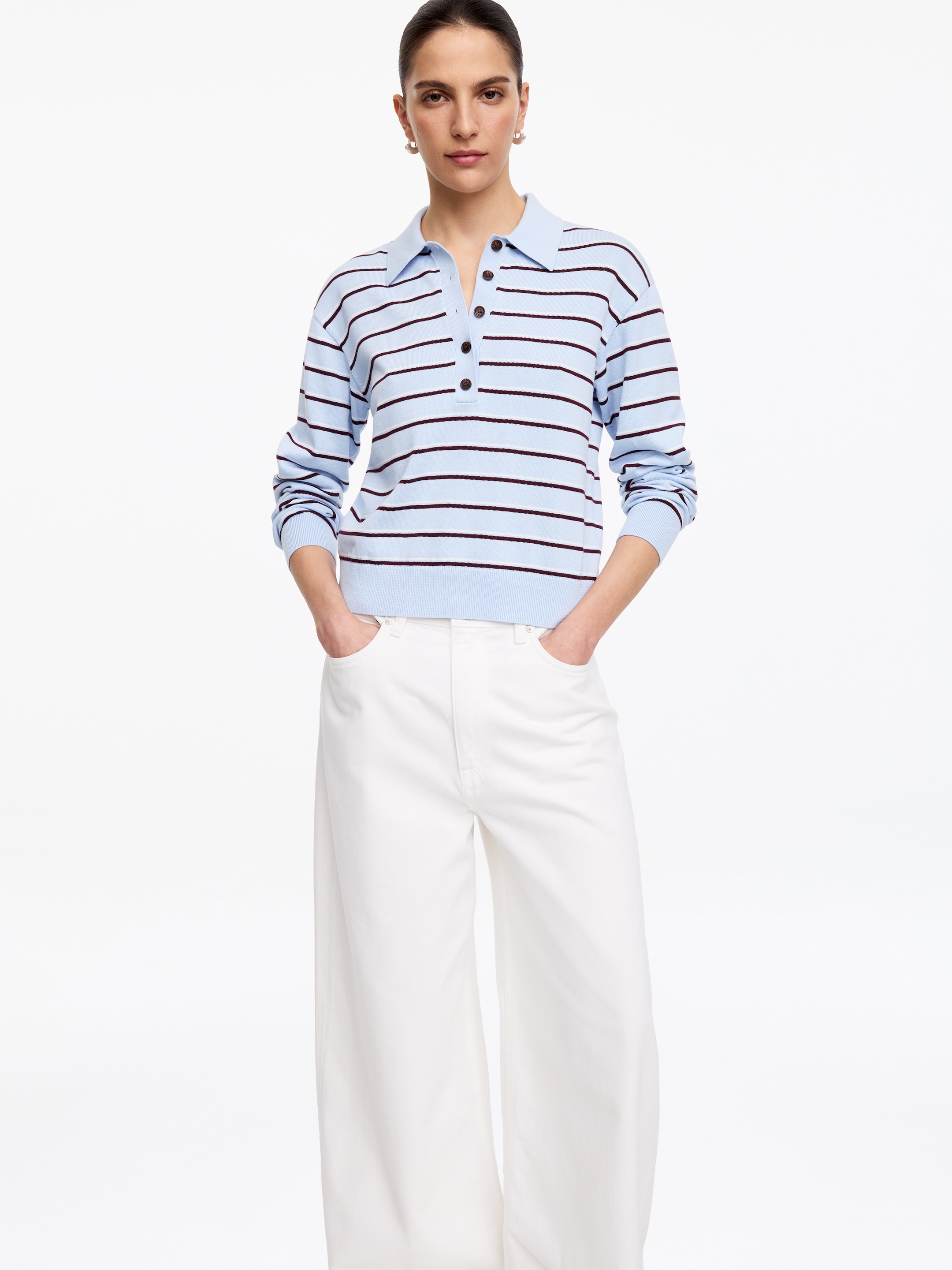 Knitted Polo Shirt - Light Blue/Dark Red/White - Regular fit - Women - StillMedia/Lookbook - 3