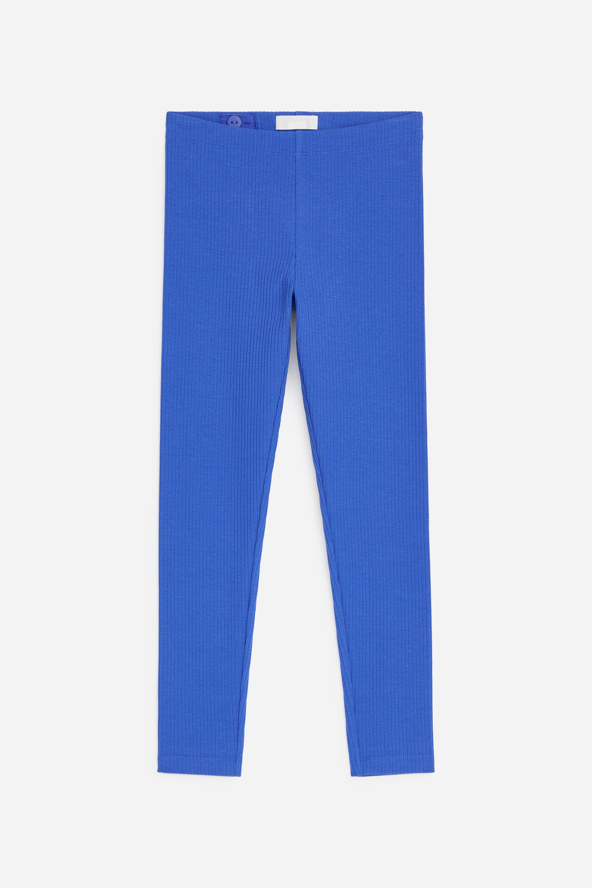 View larger image: Blue leggings are showcased in a front view, crafted from a soft and stretchy rib-knit jersey fabric. An adjustable elastic with a button is visible at the waist.