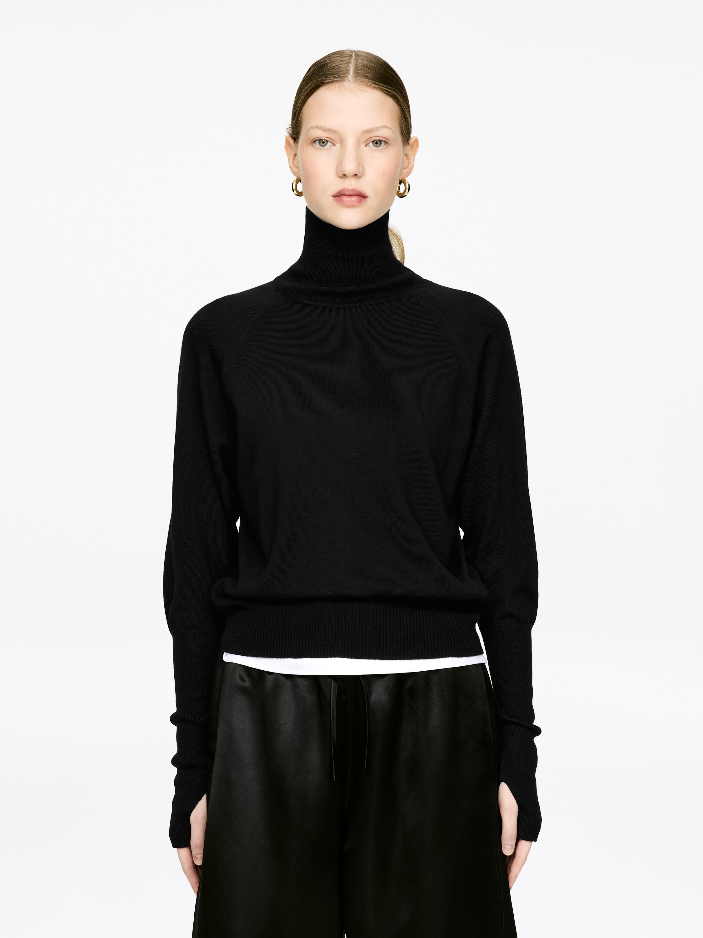 Rollkragenpullover aus Merinowolle - Schwarz/Dunkelbraun