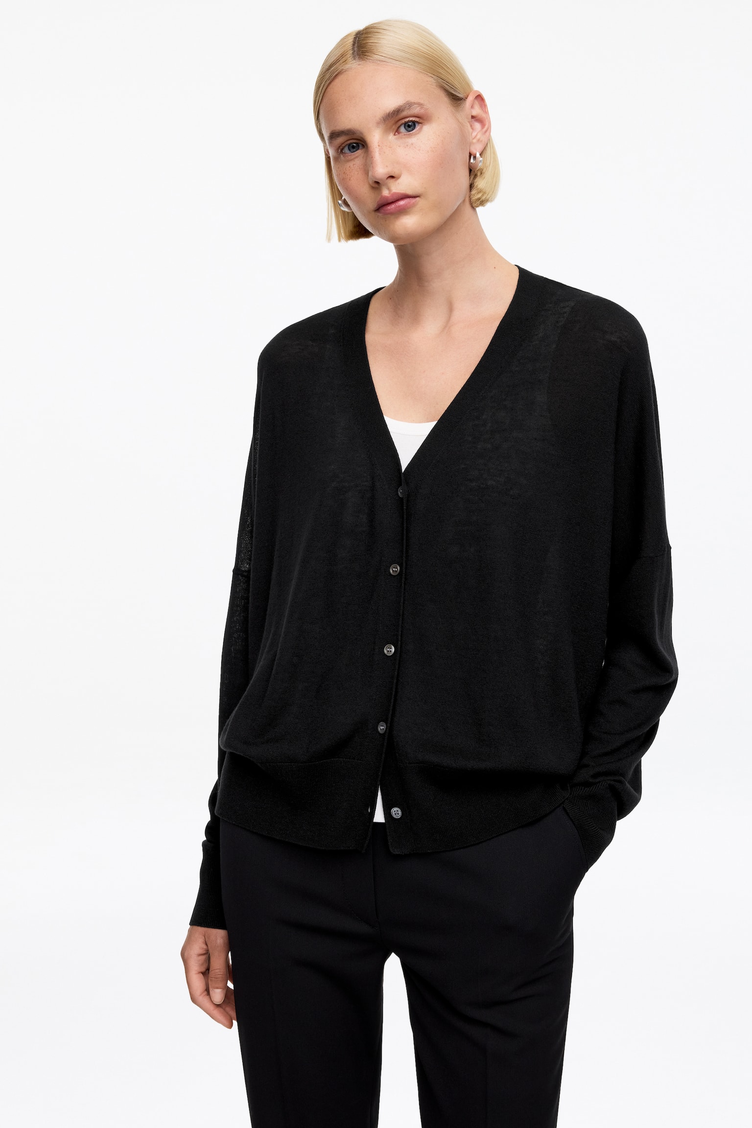 Cardigan in lana e lyocell - Nero/Bianco sporco - 3