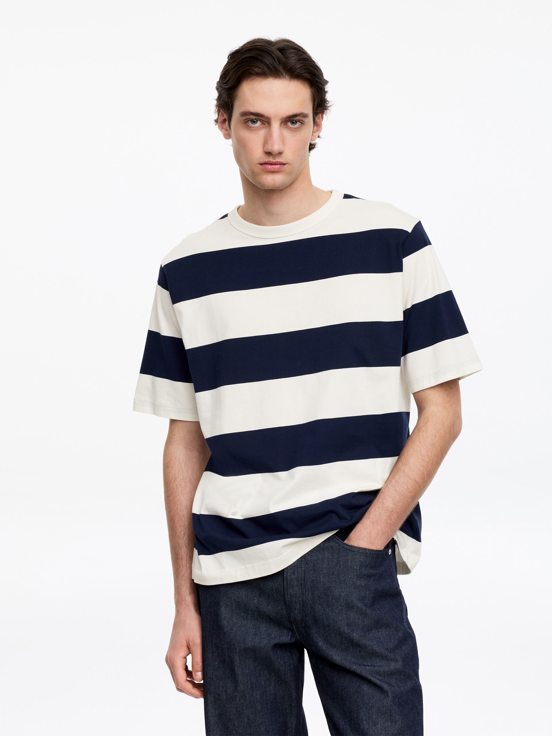 Luźny bawełniany T-shirt - Niebieski/biały - Fason swobodny - Men - StillMedia/Lookbook - 4