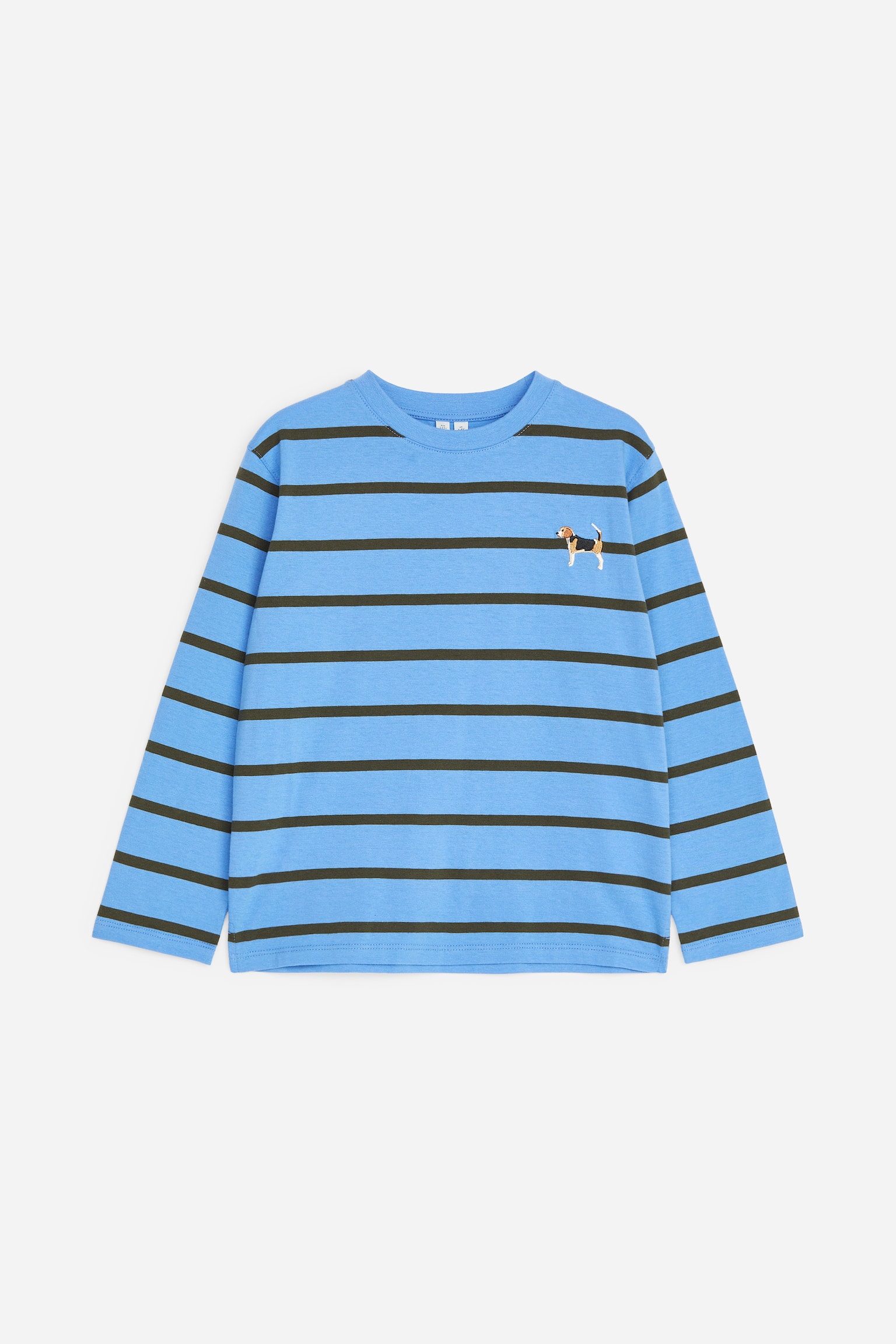 A light blue long-sleeved T-shirt is shown from the front, featuring horizontal dark green stripes and a small embroidered dog on the upper left chest.