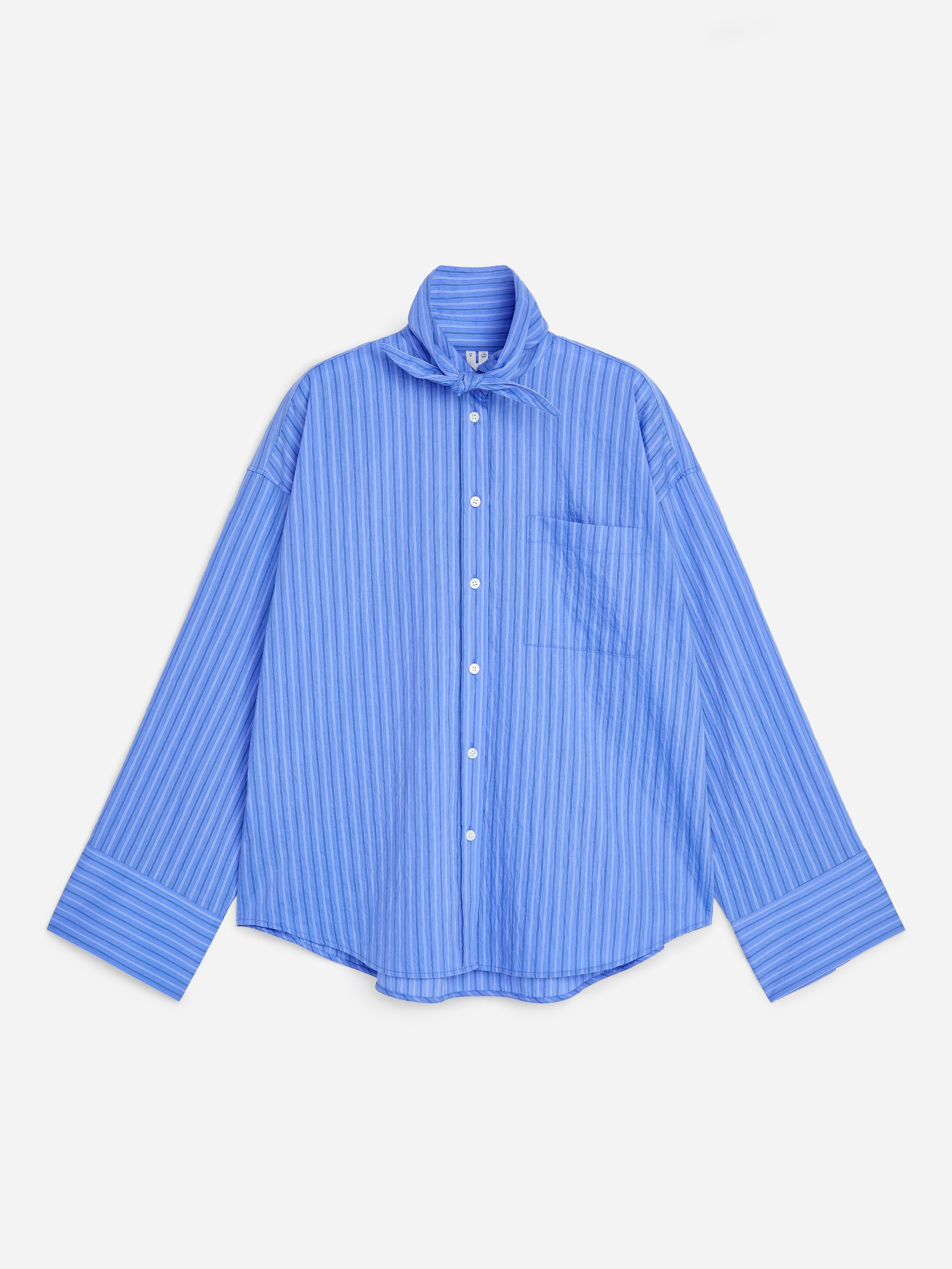Camicia in cotone con dettaglio a sciarpa - Blu/Righe