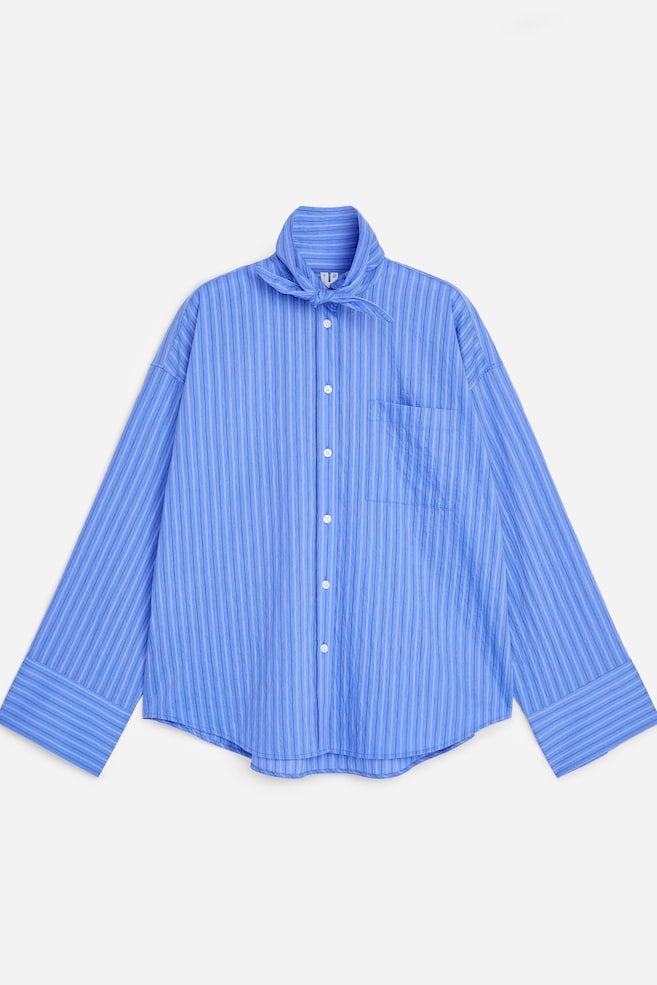 Scarf-Detail Cotton Shirt - Blue/Striped - 1