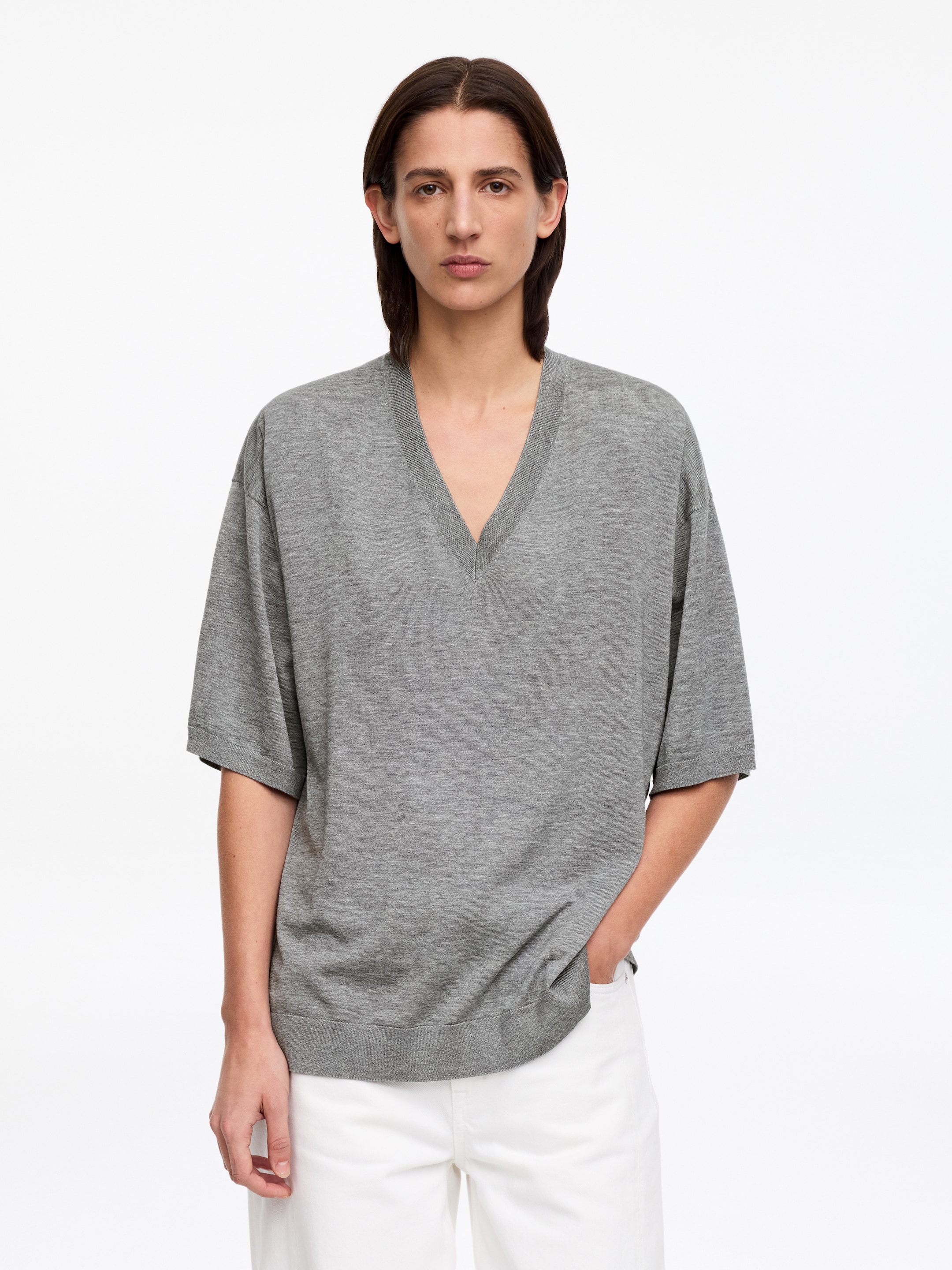 Silk Blend V-Neck Top-#969696-18272