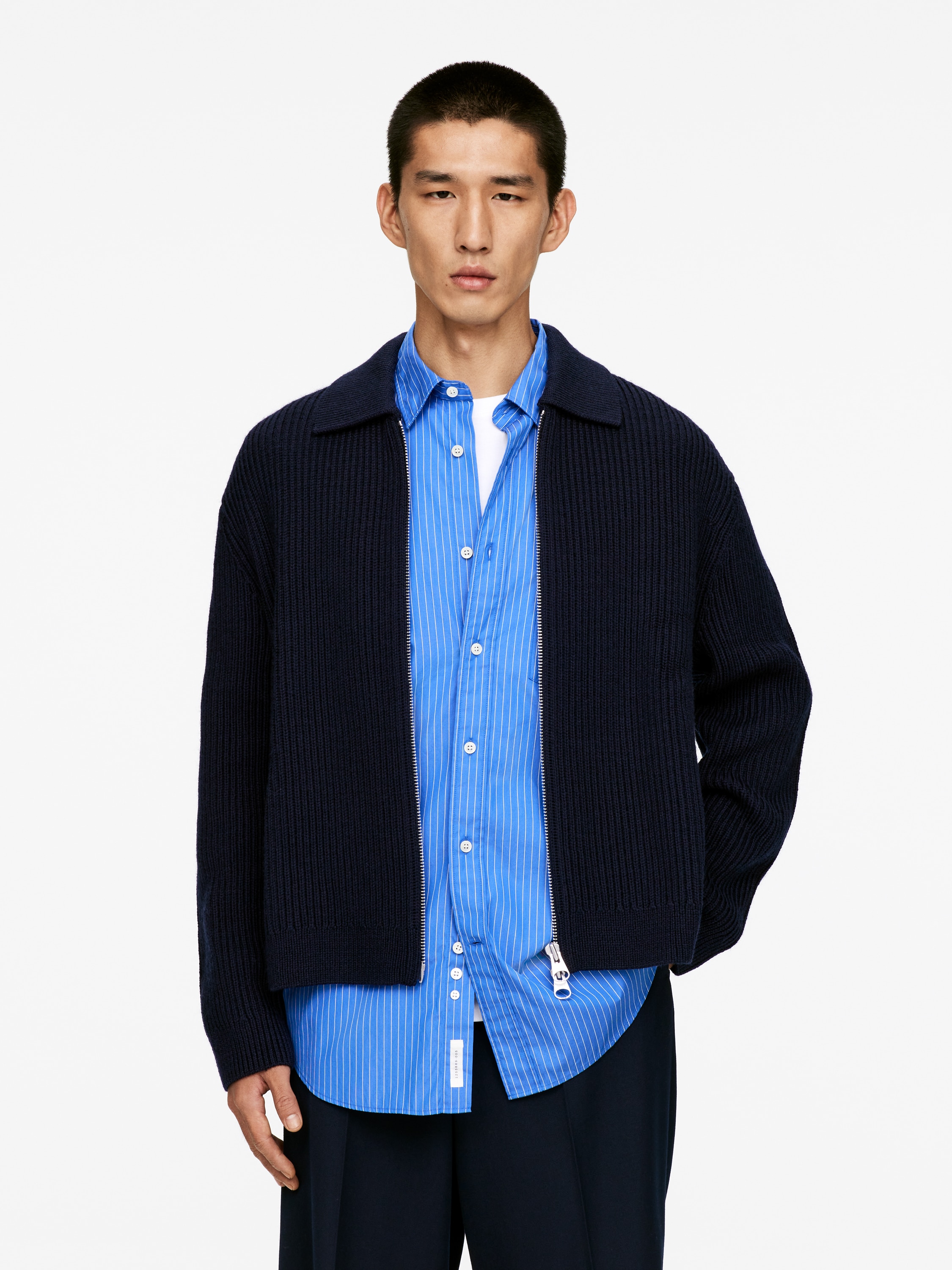 Wool Cotton Zip Cardigan - Dark Blue
