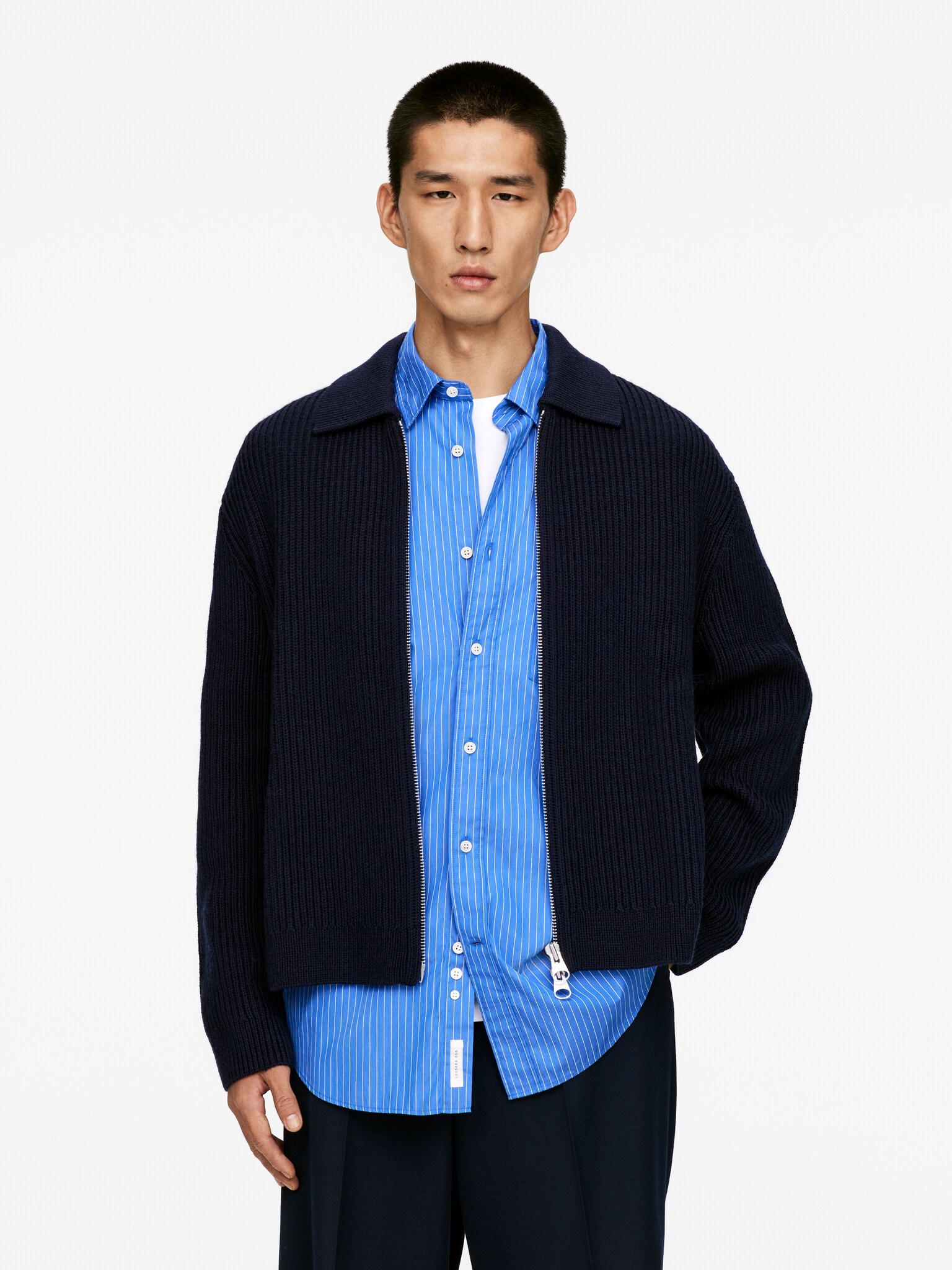 Cardigan in lana e cotone con cerniera - Blu scuro