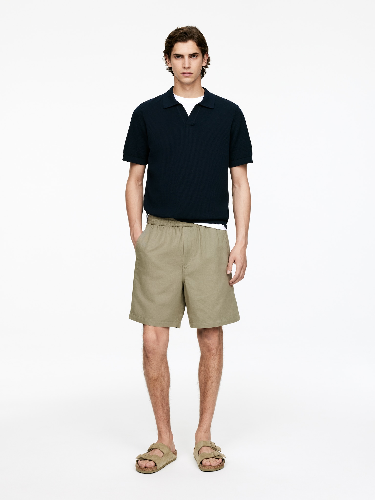 Pantalones cortos con cordón de algodón y lino - Verde/Azul oscuro/Beige claro