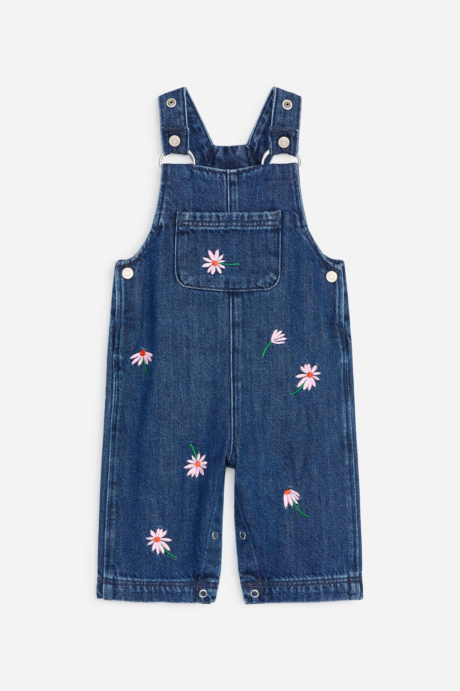 Denim tuinbroek met borduursels - Middenblauw