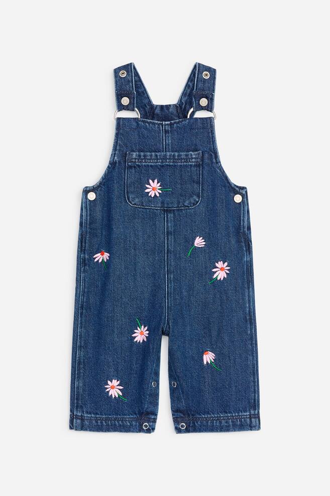 Embroidered Denim Dungarees - Mid Blue - 1