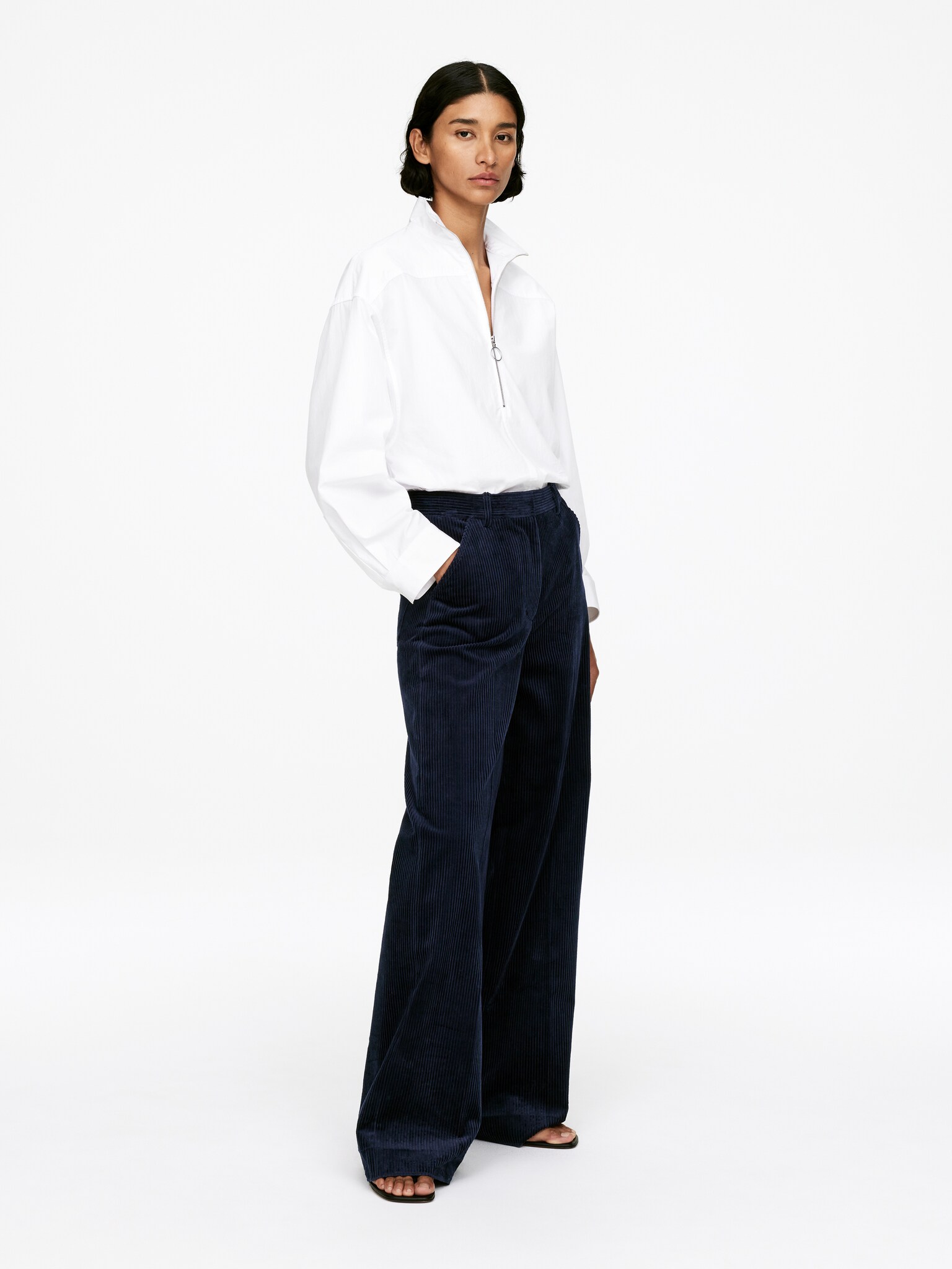Pantalon à jambes larges en velours côtelé - Bleu foncé/Marron - 4