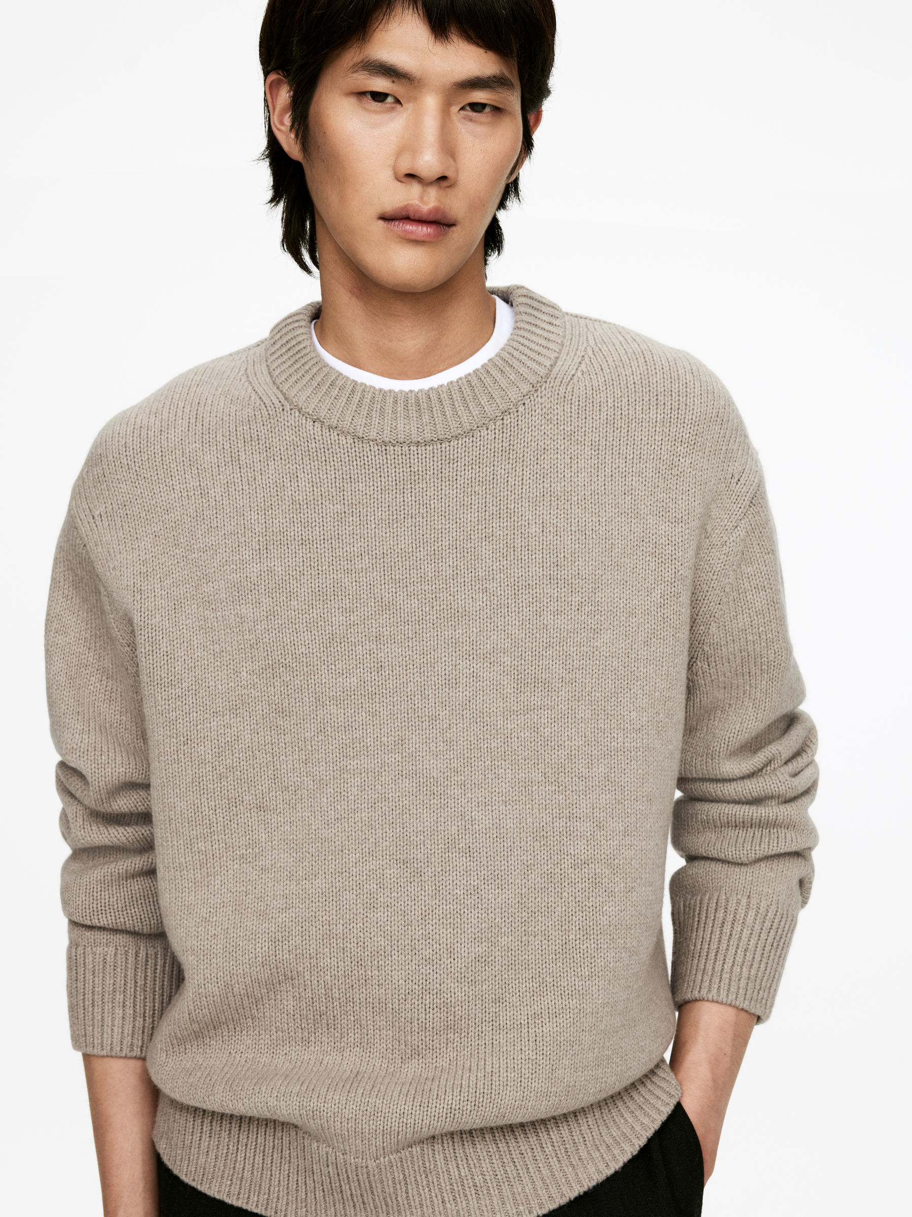 Pull en maille de laine épaisse - Beige chiné - Relaxed fit - Homme - StillMedia/Lookbook - 6