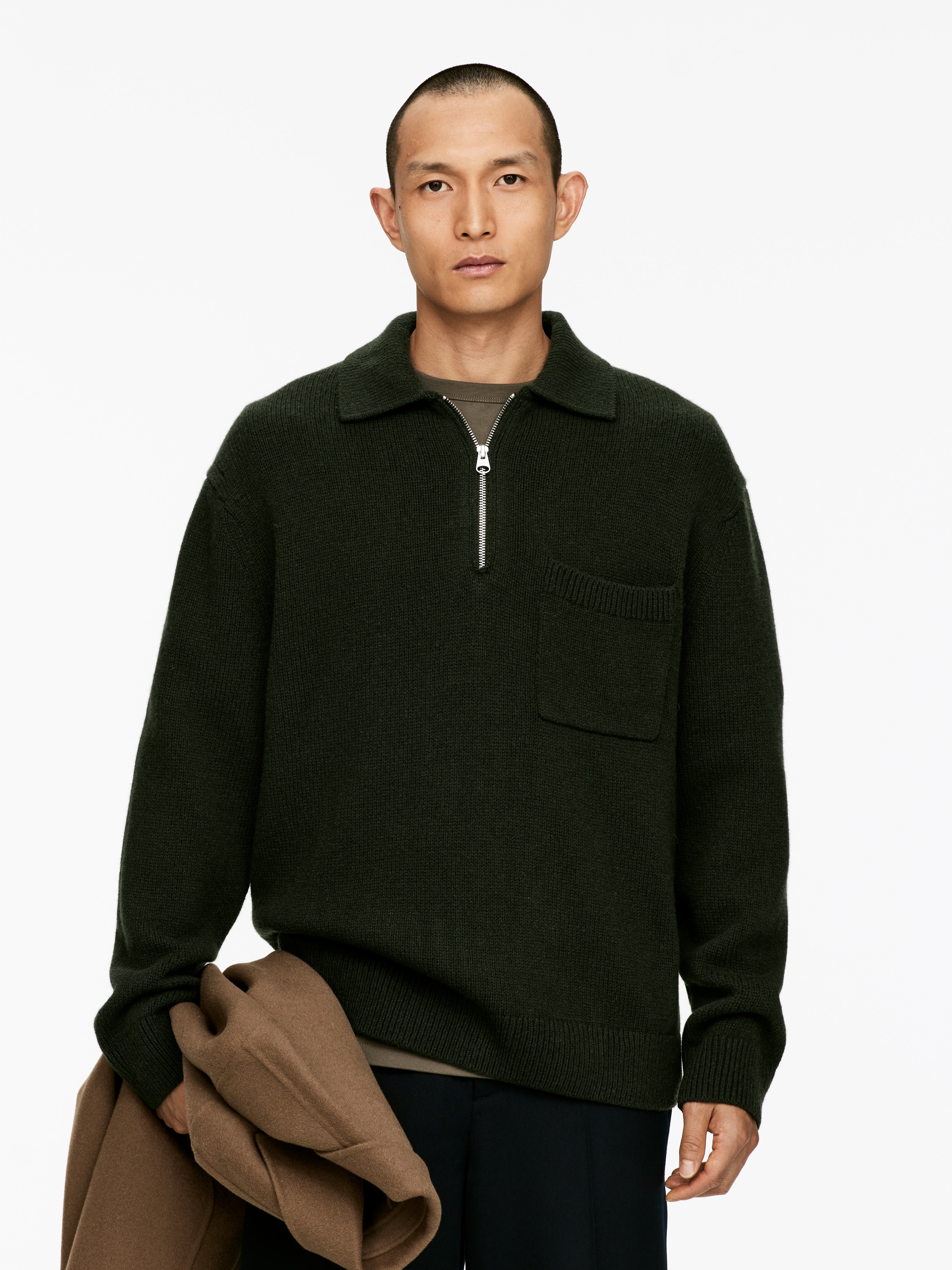 Knitted Wool Zip Polo Shirt - Dark Green/Black/Mole/Grey/Brown