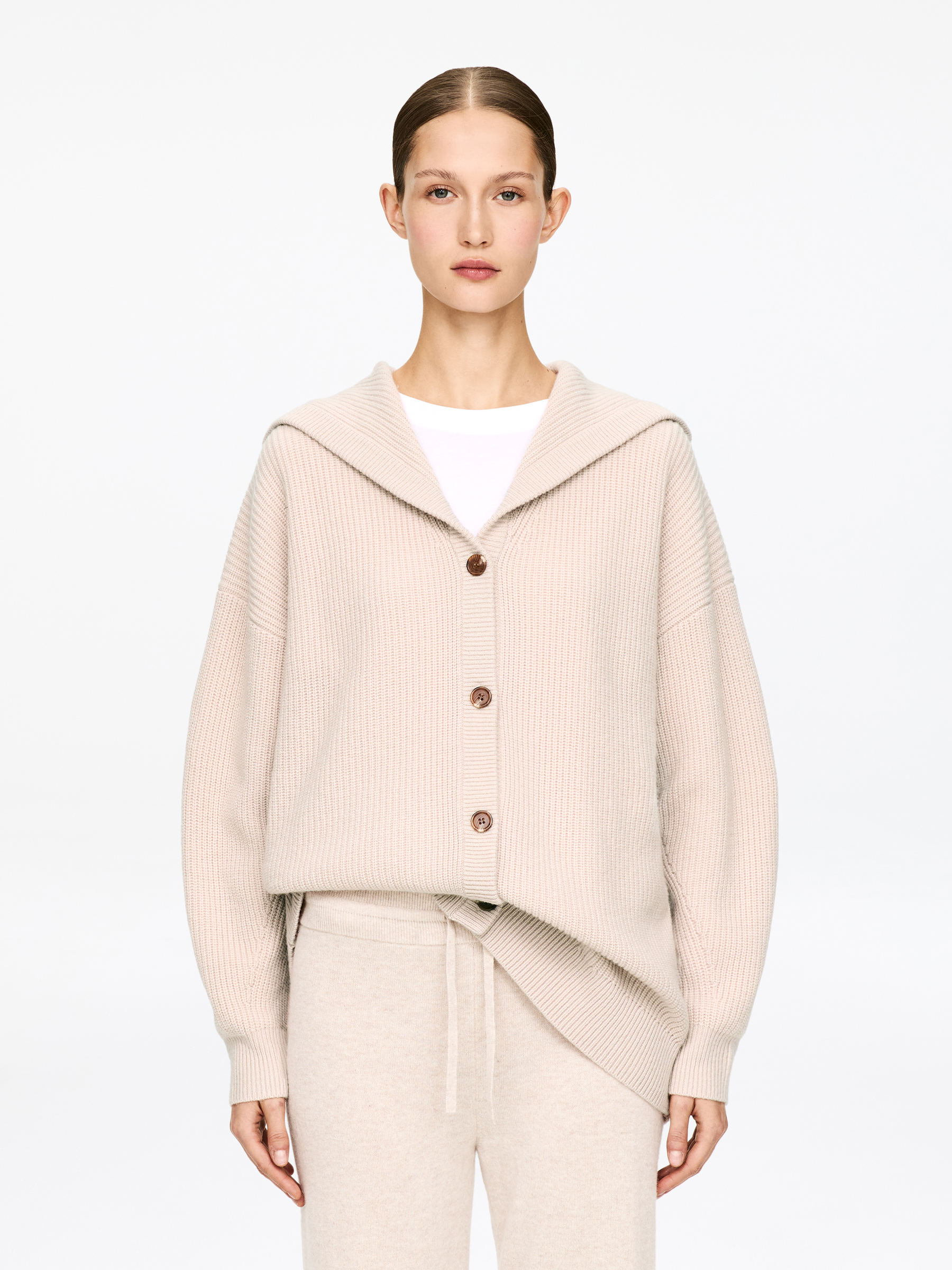 Cashmere-Wool Hooded Cardigan-#C4BFB4-17636